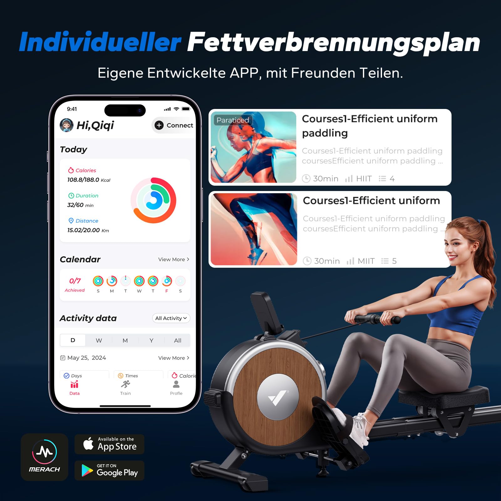 MERACH Selbstversorgendes Rudergerät, kein Stromanschluss, umweltfreundlich, mit App, Echtzeit-Daten & automatischer Widerstandseinstellung