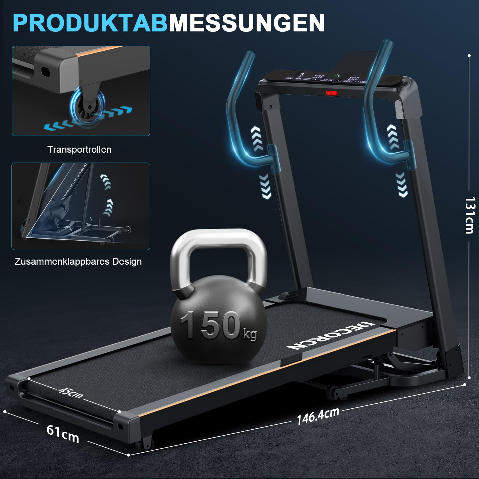 Decorcn Laufband für Zuhause - 4,5 PS, bis 16 km/h, klappbar mit großer Lauffläche, 20 Neigungsstufen, LCD-Display & Bluetooth, bis 150kg