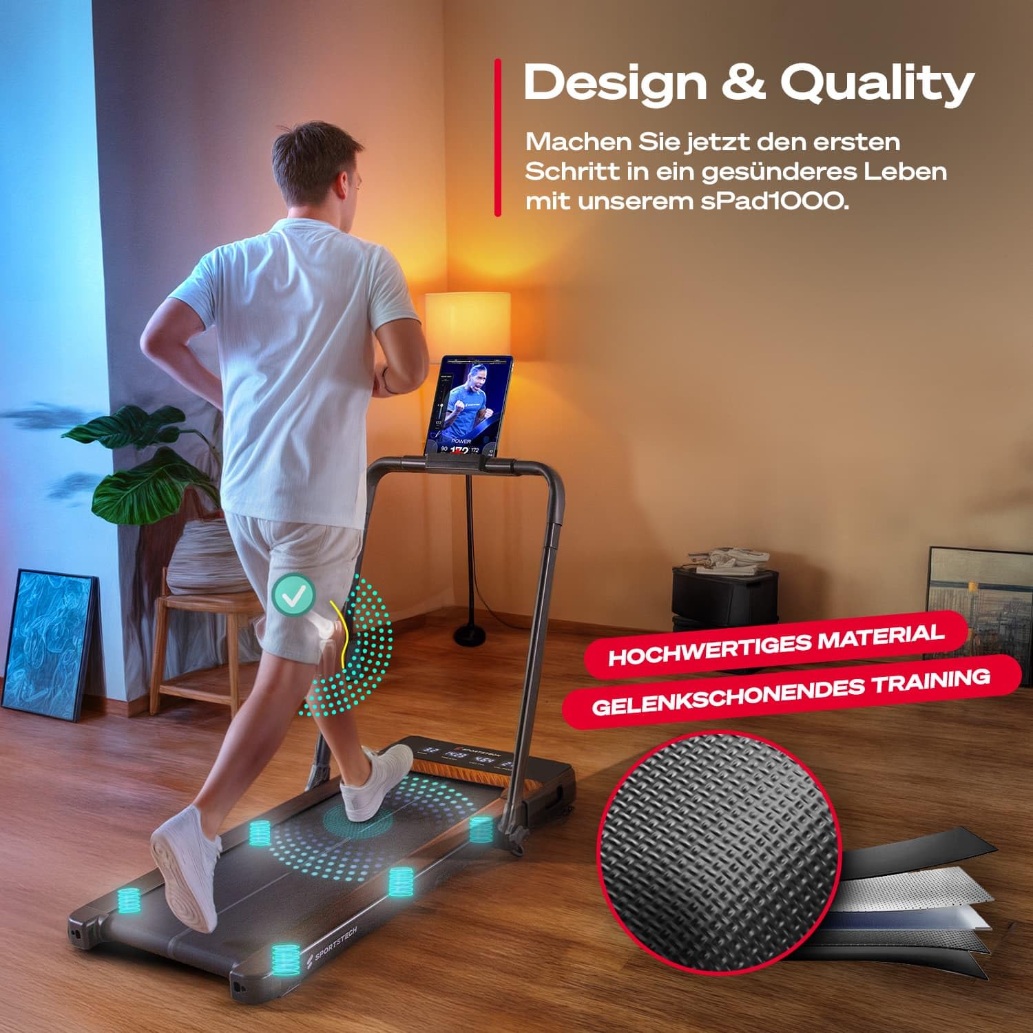 Sportstech Walking Pad sPad1000 - Laufband für Zuhause/Schreibtisch, automatische Steigung bis 19%, LED-Display, kompakt, leise, App, Home Office
