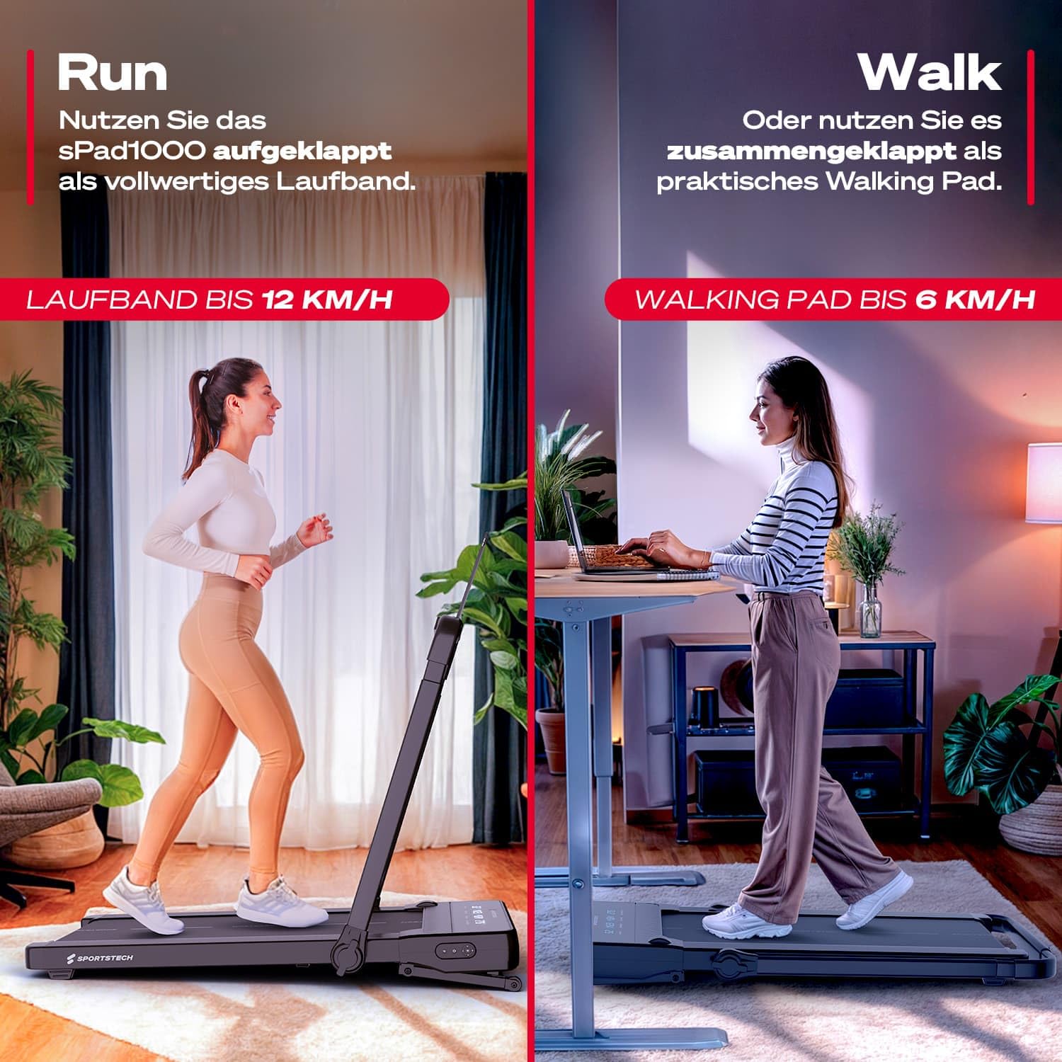 Sportstech Walking Pad sPad1000 - Laufband für Zuhause/Schreibtisch, automatische Steigung bis 19%, LED-Display, kompakt, leise, App, Home Office