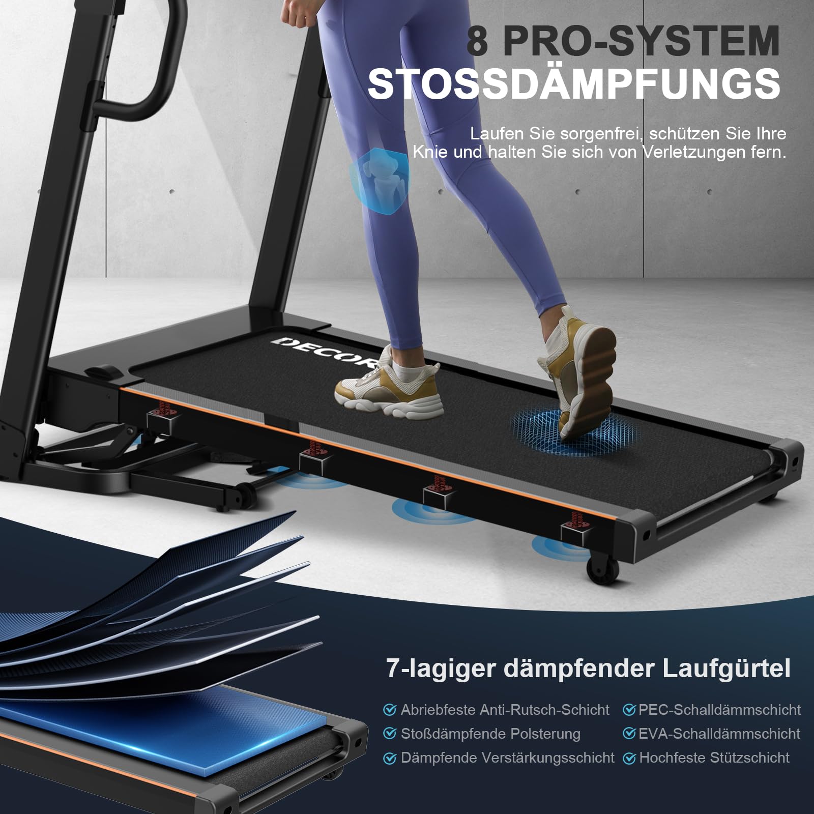 Decorcn Laufband für Zuhause - 4,5 PS, bis 16 km/h, klappbar mit großer Lauffläche, 20 Neigungsstufen, LCD-Display & Bluetooth, bis 150kg