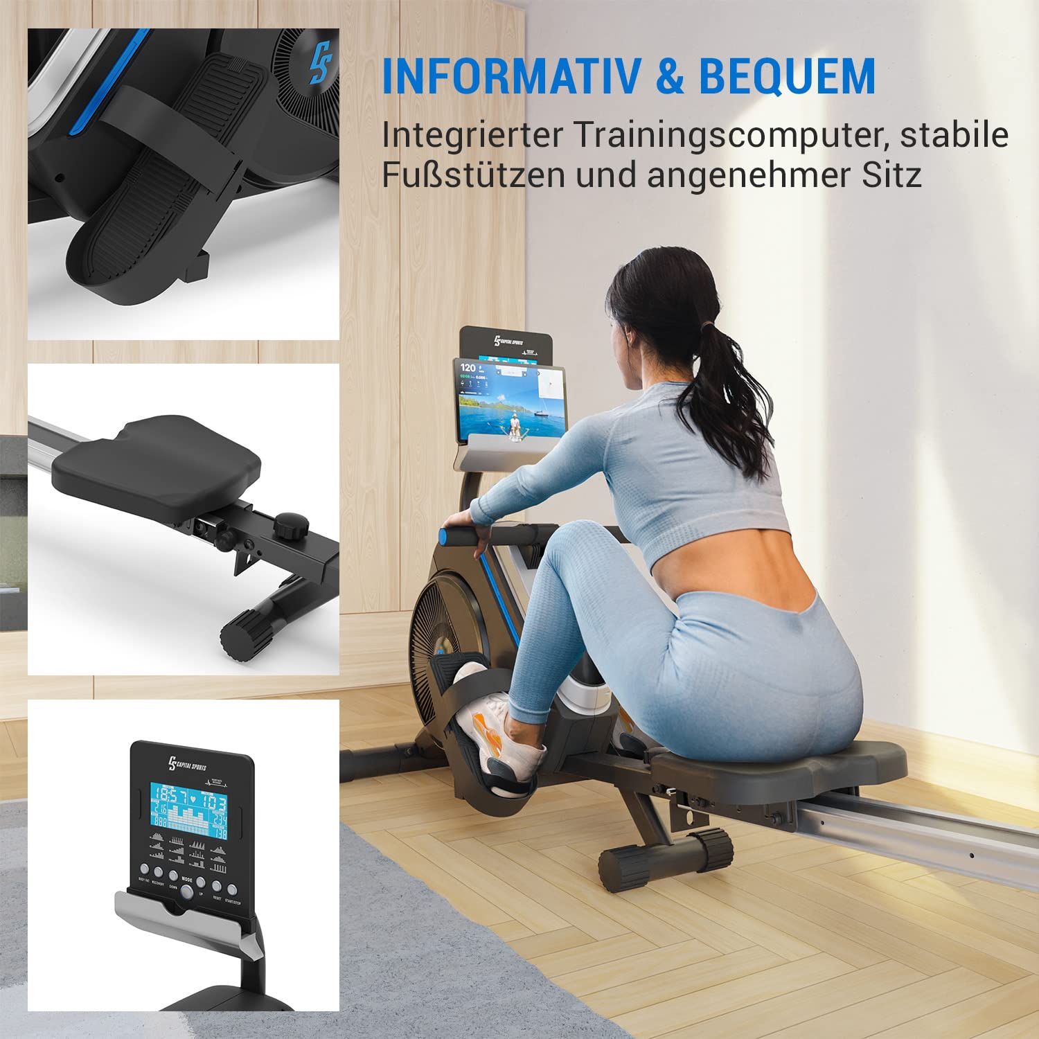 Capital Sports Rudergerät für Zuhause, Kompakter Rowshaper, Klappbar mit 8 Stufen, LCD-Monitor, Bodenrollen, Row Shaper mit Magnetwiderstand, Cardio