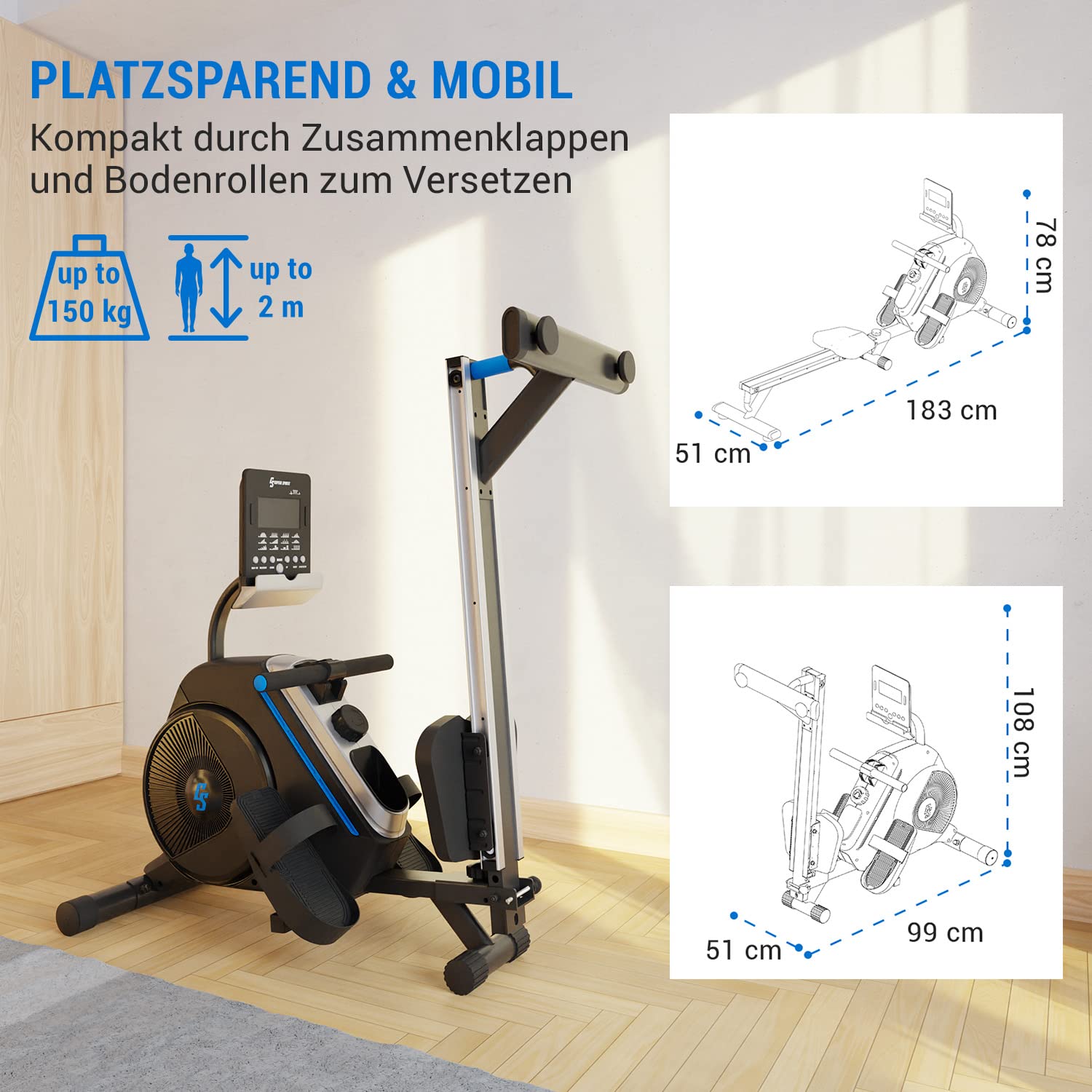 Capital Sports Rudergerät für Zuhause, Kompakter Rowshaper, Klappbar mit 8 Stufen, LCD-Monitor, Bodenrollen, Row Shaper mit Magnetwiderstand, Cardio