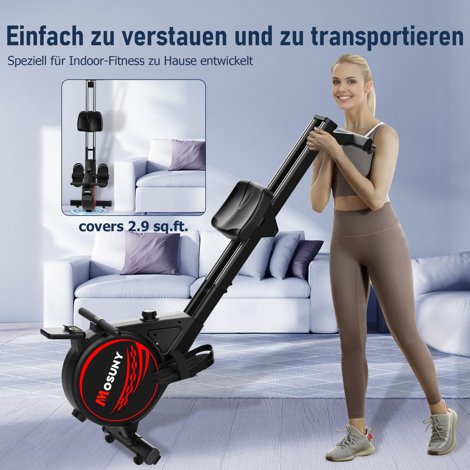 MOSUNY Rudergerät für Zuhause, leises Magnetmodell mit 16 Widerstandsstufen, Doppel-Slide-Rails, LCD & App, bis 160 kg belastbar