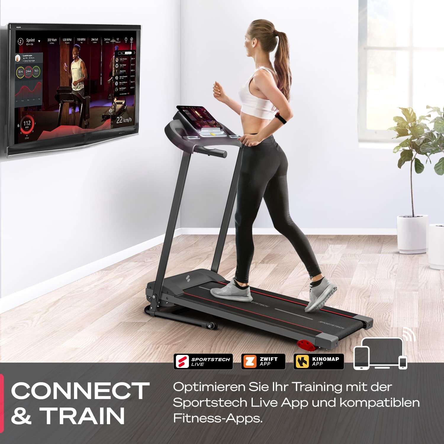 Sportstech F10 Laufband klappbar für Zuhause, 2,5 PS, bis 10 km/h, 13 Programme, Steigung, App & Schmierfunktion, max. 120 kg, deutsche Qualitätsmarke