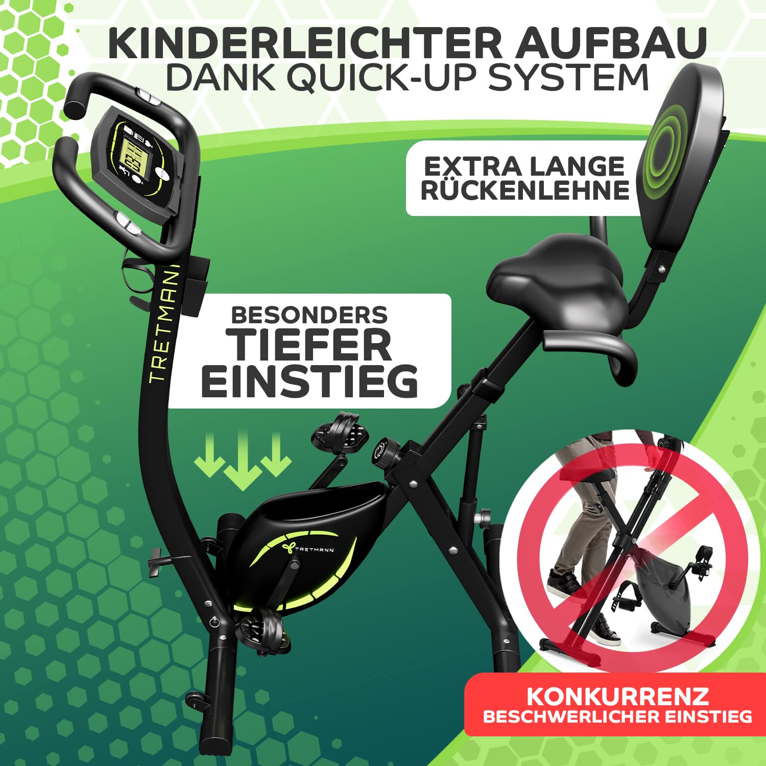 Tretmann 3in1 Heimtrainer klappbar, SoftFoam Sitz, extra komfortabel & leise, DEKRA geprüft, tiefer Einstieg, Ergometer Fahrrad für Zuhause