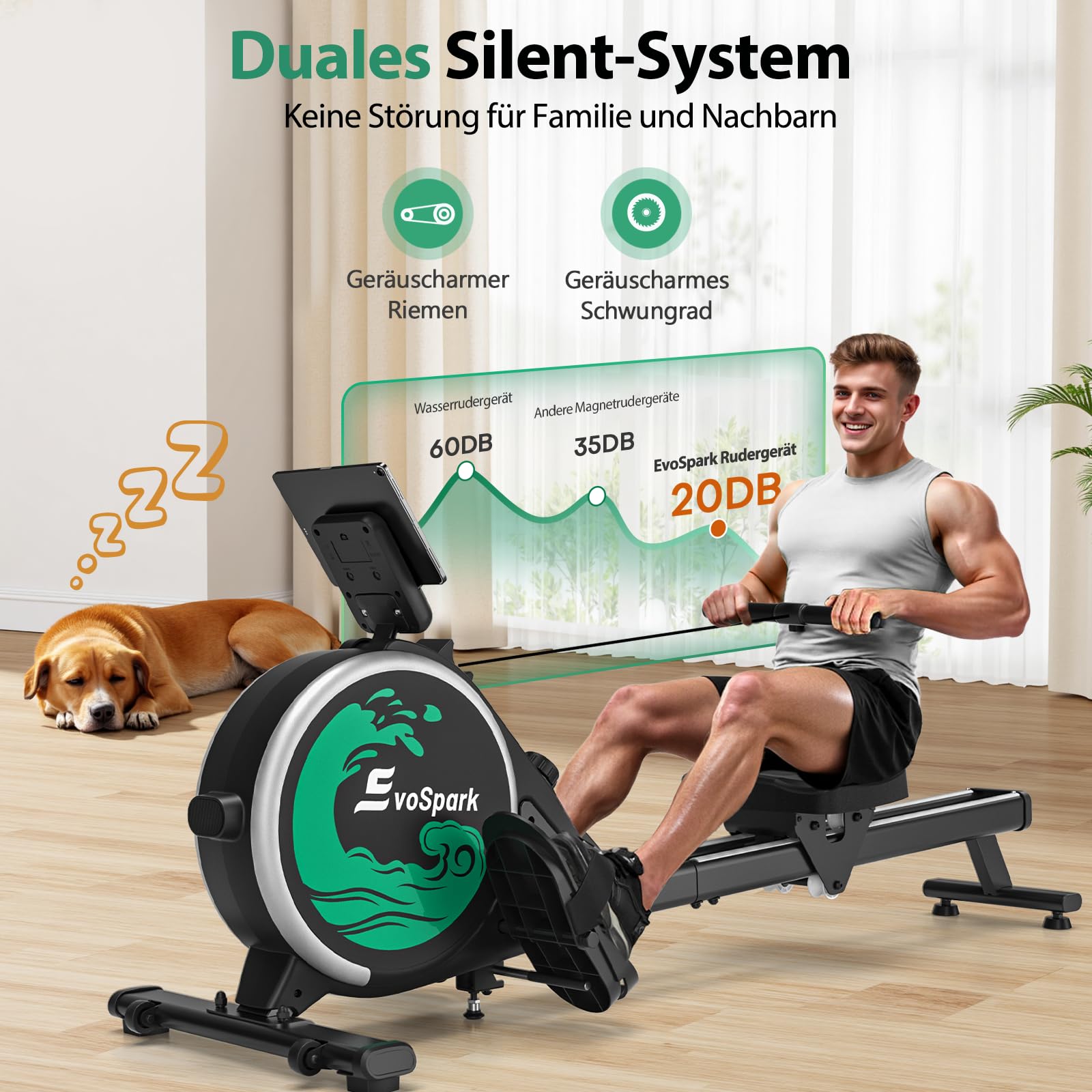 EvoSpark Rudergerät für Zuhause, 16 Stufen, APP, ultraleise Doppel-Slide-Rails, LCD-Anzeige – ideale Wahl für Fitness & Training