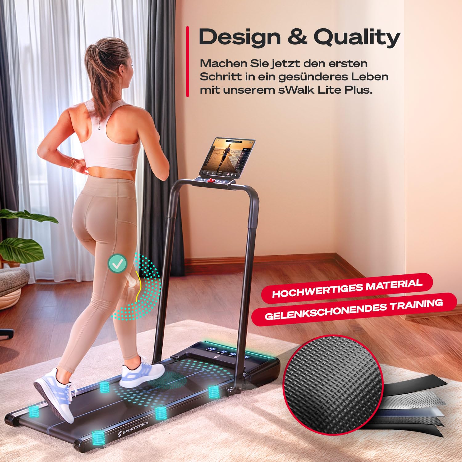 Sportstech Walking Pad sWalk lite Plus - Laufband für Zuhause mit manueller Steigung, bis 6 km/h Walking, bis 12 km/h Laufen, App, Fernbedienung