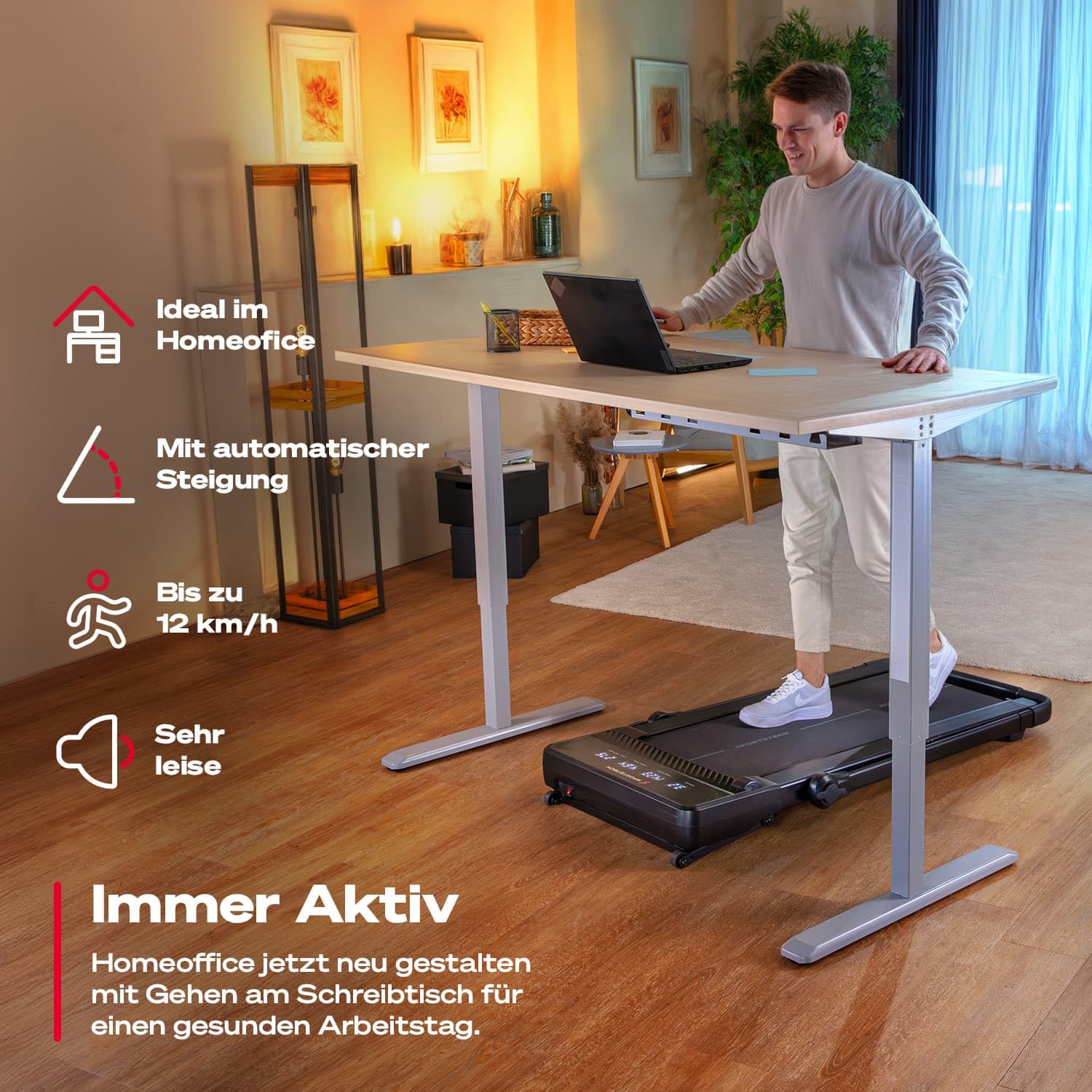 Sportstech Walking Pad sPad1000 - Laufband für Zuhause/Schreibtisch, automatische Steigung bis 19%, LED-Display, kompakt, leise, App, Home Office