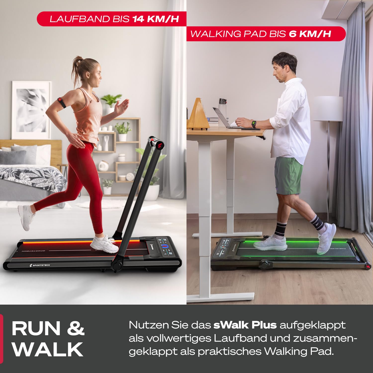 Sportstech sWalk Plus 2-in-1, LED Laufband & Walking Pad, klappbar, bis 14 km/h, 3,5 PS, Bluetooth App, Heim-Fitness Treadmill, max. 120 kg