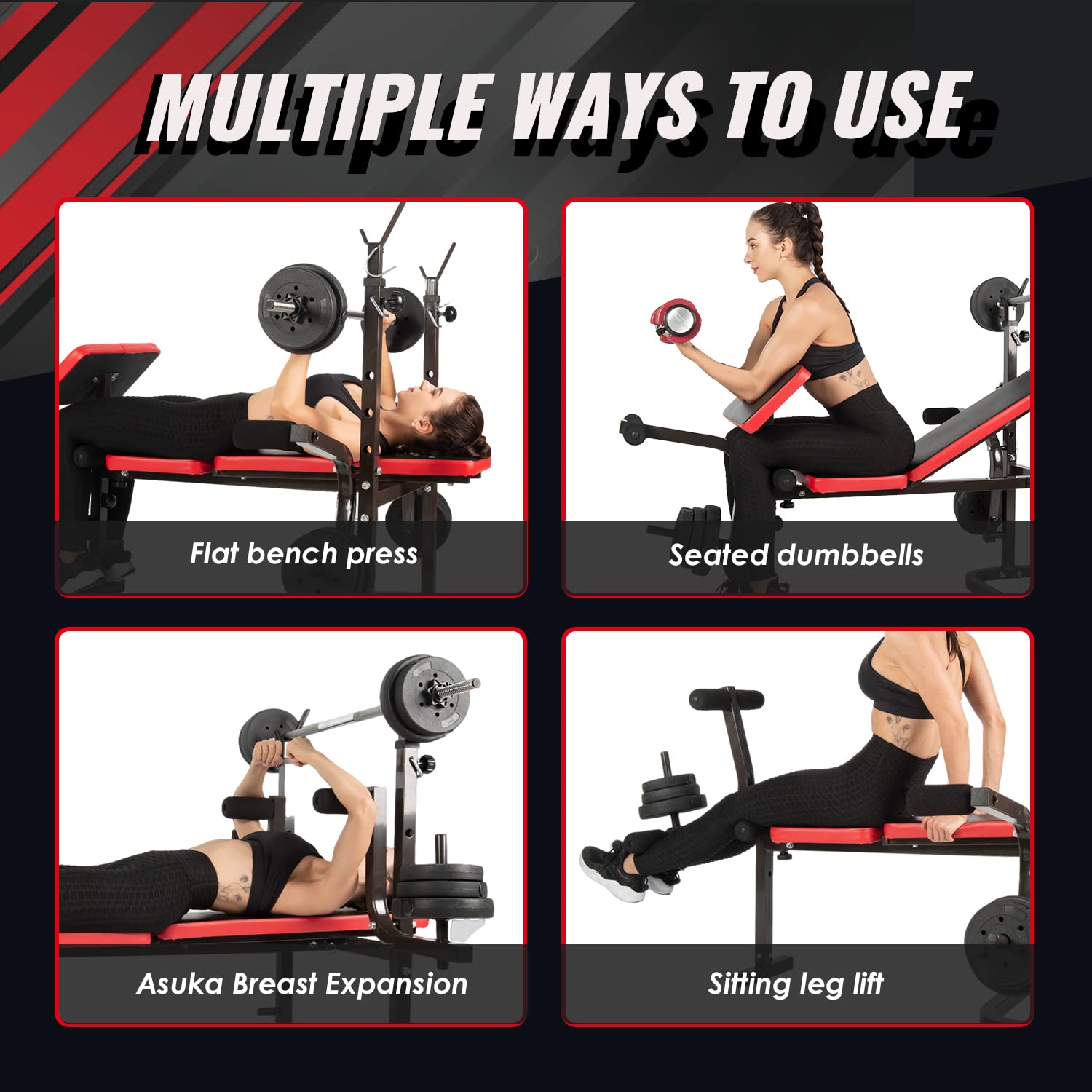 ISE Multifunktionale Trainingsbank, verstellbar & klappbar, mit Beincurler, für Kniebeugen, Bankdrücken, Rumpfbeugen, Heimtraining