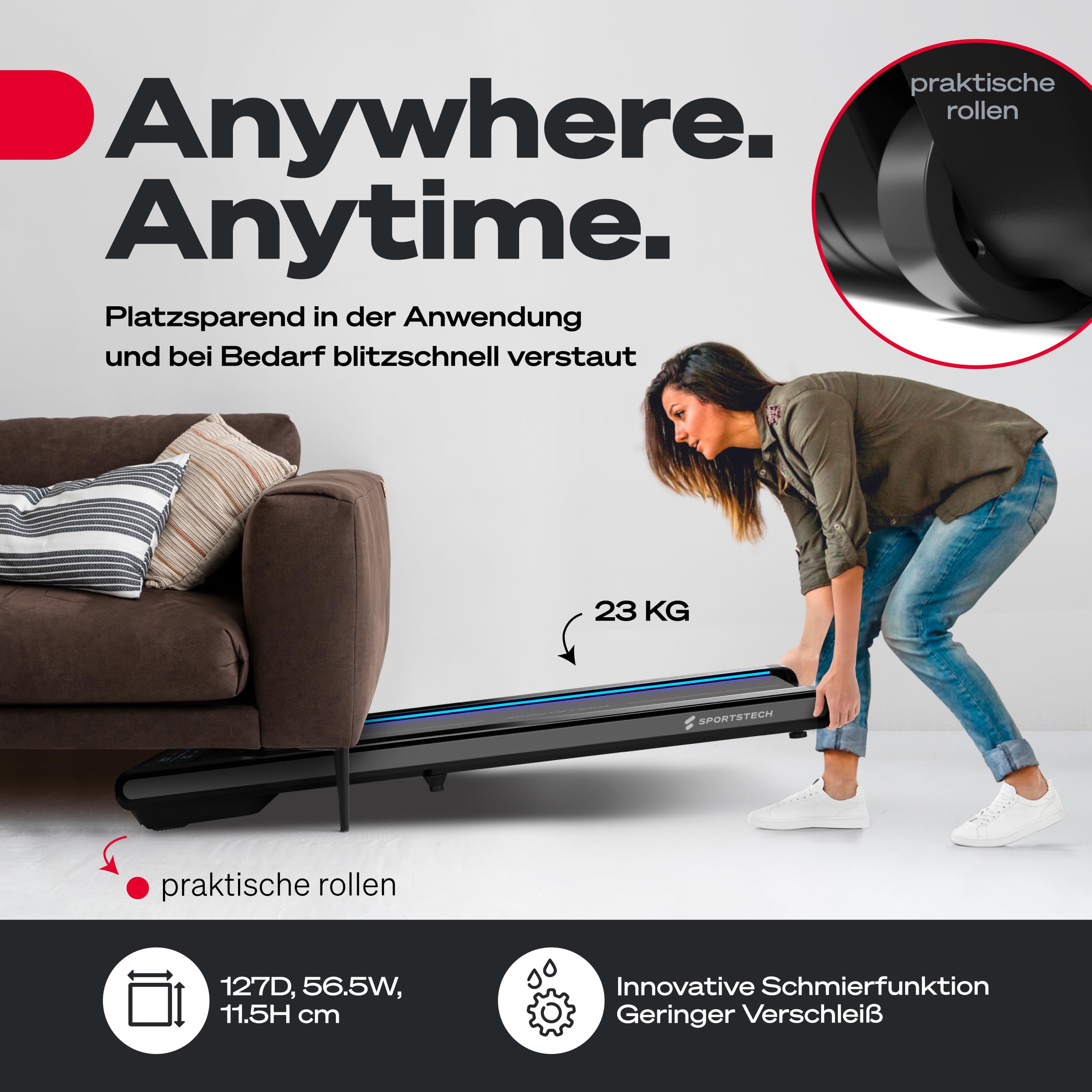 sWalk Walking Pad Laufband, 1–6 km/h, LED & LCD, App-kompatibel, flexibles Under-Desk Treadmill für Zuhause & Büro, deutsche Qualitätsmarke