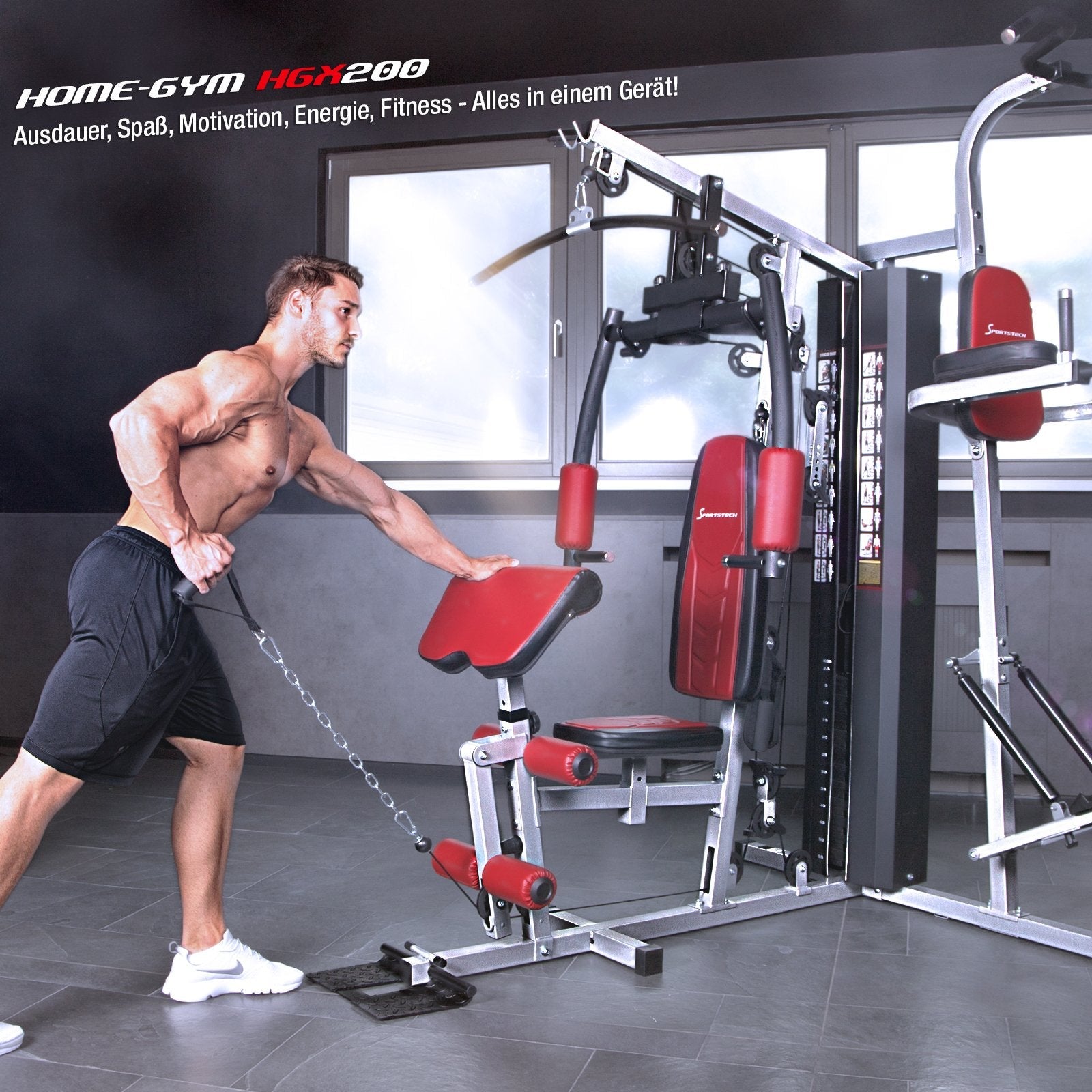Kraftstation HGX150/HGX200, bis 80 kg, deutsche Qualitätsmarke, Multifunktions-Homegym mit Stepper, Powertower & Beinpresse, Heim-Fitnessstation