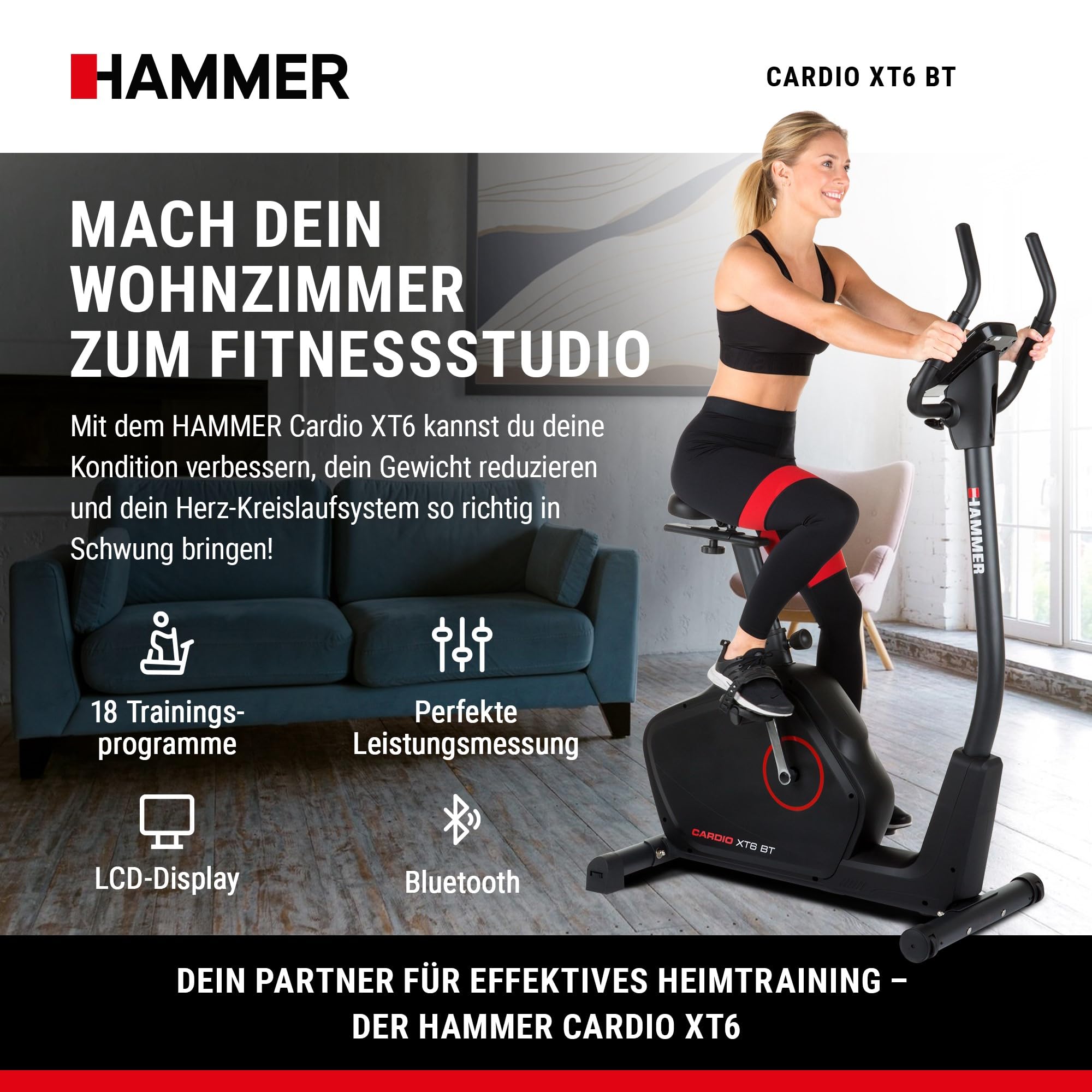 HAMMER 4862 Ergometer Cardio XT6 BT - leises Fitnessfahrrad, tiefer Einstieg, Comfort-Sattel, 13kg Schwungmasse, Bluetooth & App, 130kg, 93x51x150cm