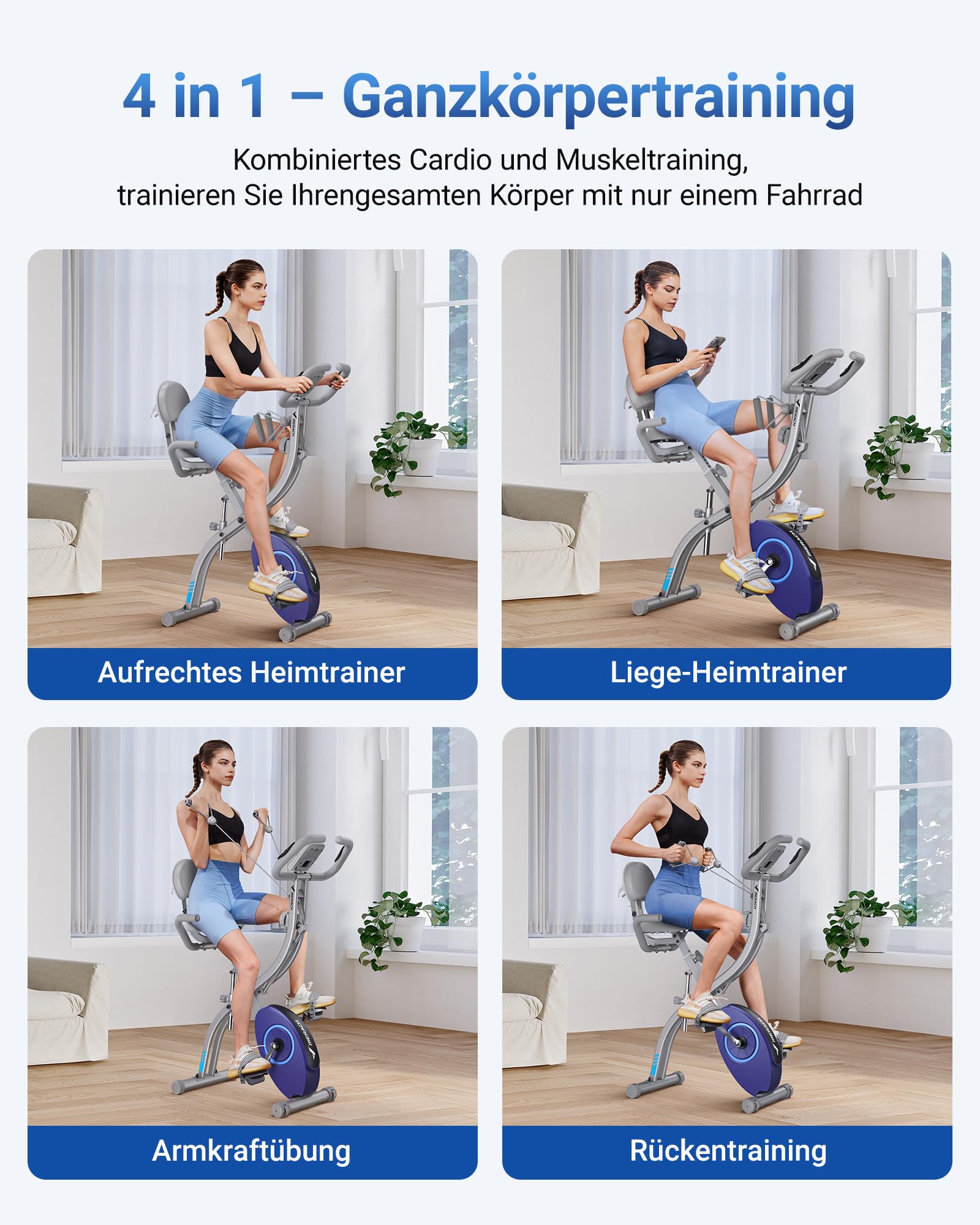 MERACH 4-in-1 Heimtrainer klappbar, LCD-Monitor, Handpulsmessung, magnetisches Ergometer, bequemer Sitz, Fitnessbike für Zuhause, platzsparend