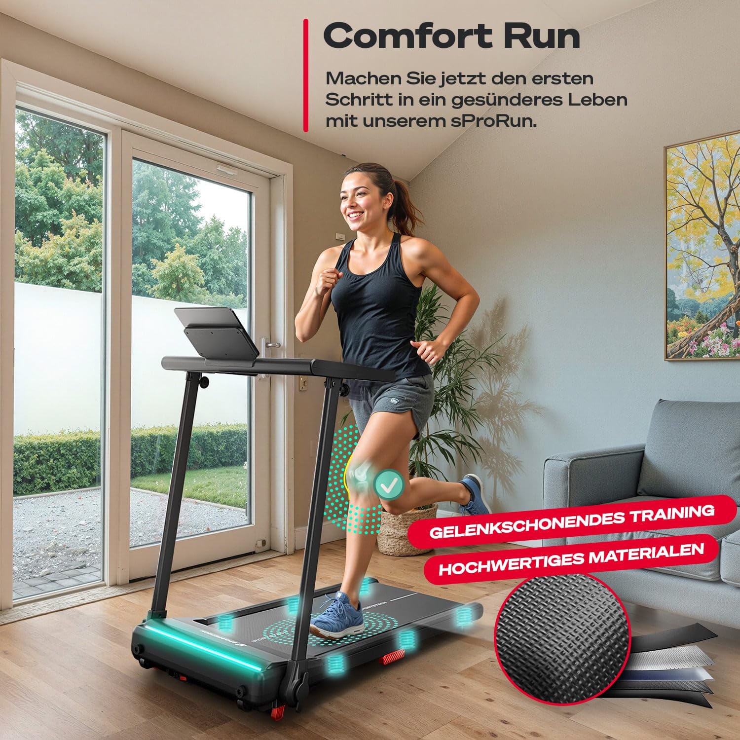 Sportstech Laufband klappbar für Zuhause, bis 12 km/h, max. 120 kg, 11,5 % Steigung, LED, Tablethalter, Bluetooth App, sProRun