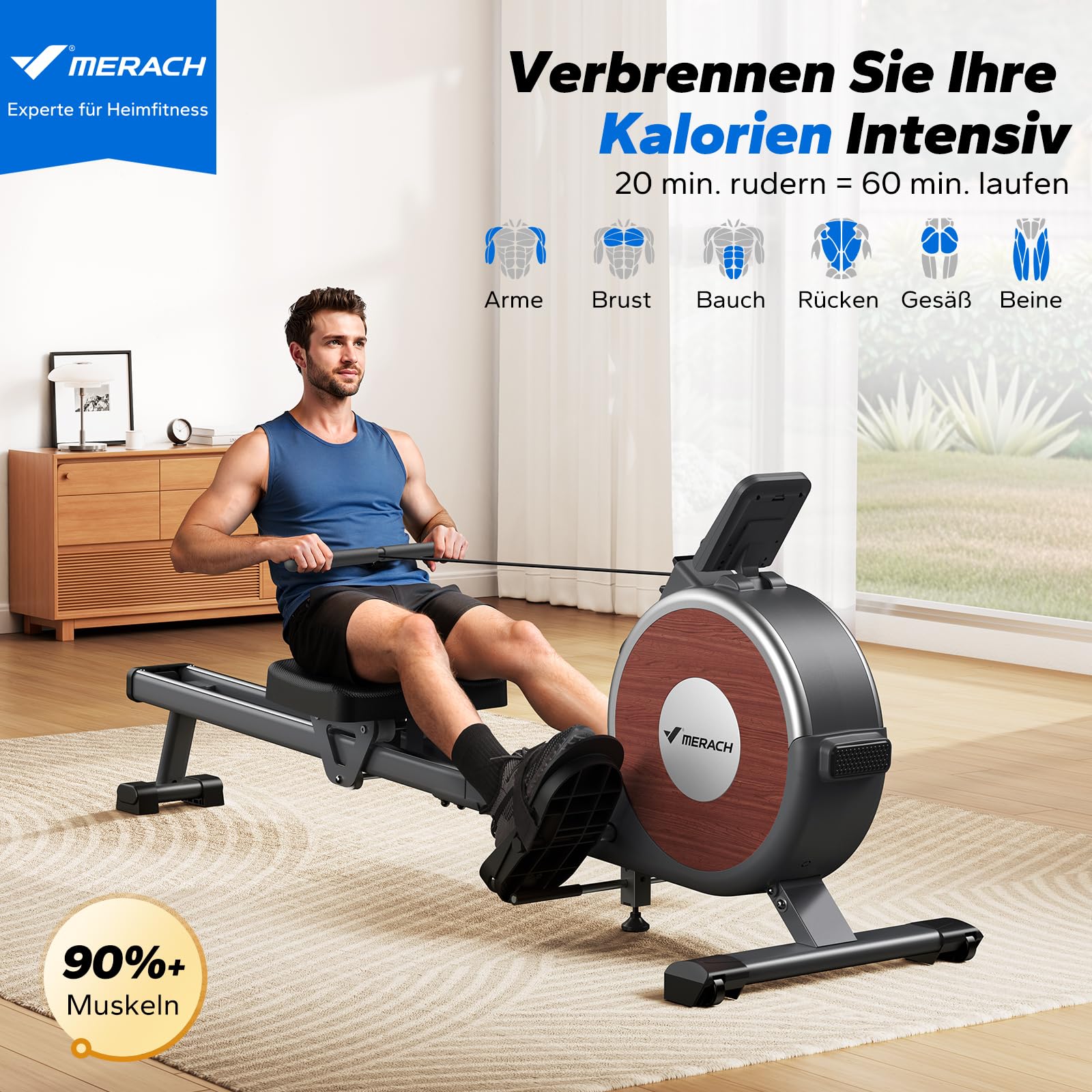 MERACH Rudergerät für Zuhause, magnetisch mit 16 Stufen, leise, APP, Doppelschienen, stabil, einfacher Aufbau – ideale Wahl für Heimfitness