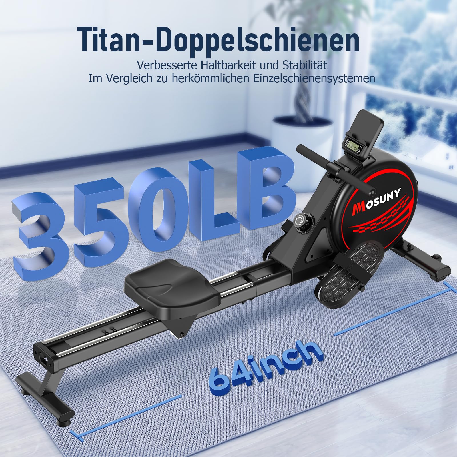 MOSUNY Rudergerät für Zuhause, leises Magnetmodell mit 16 Widerstandsstufen, Doppel-Slide-Rails, LCD & App, bis 160 kg belastbar