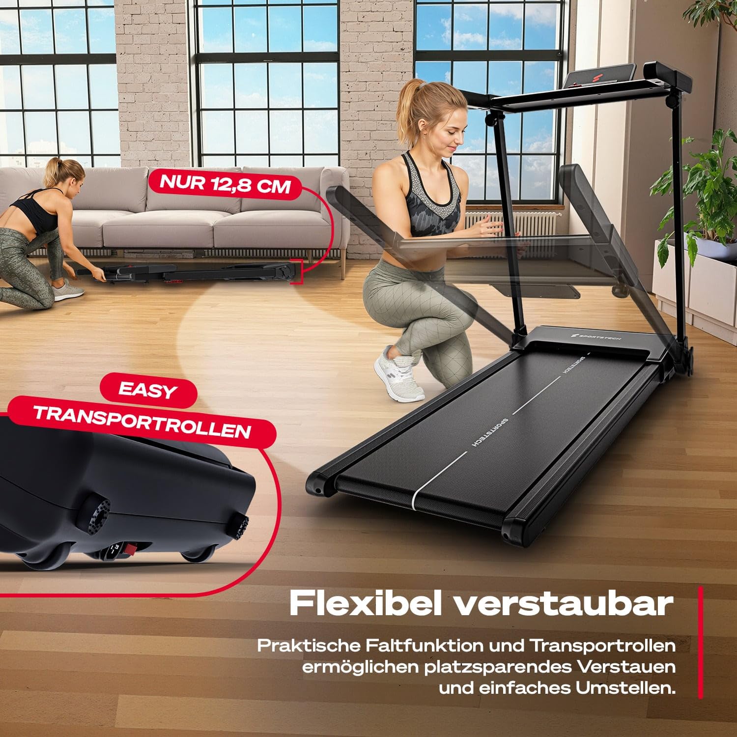 Sportstech Laufband klappbar für Zuhause, bis 12 km/h, max. 120 kg, 11,5 % Steigung, LED, Tablethalter, Bluetooth App, sProRun