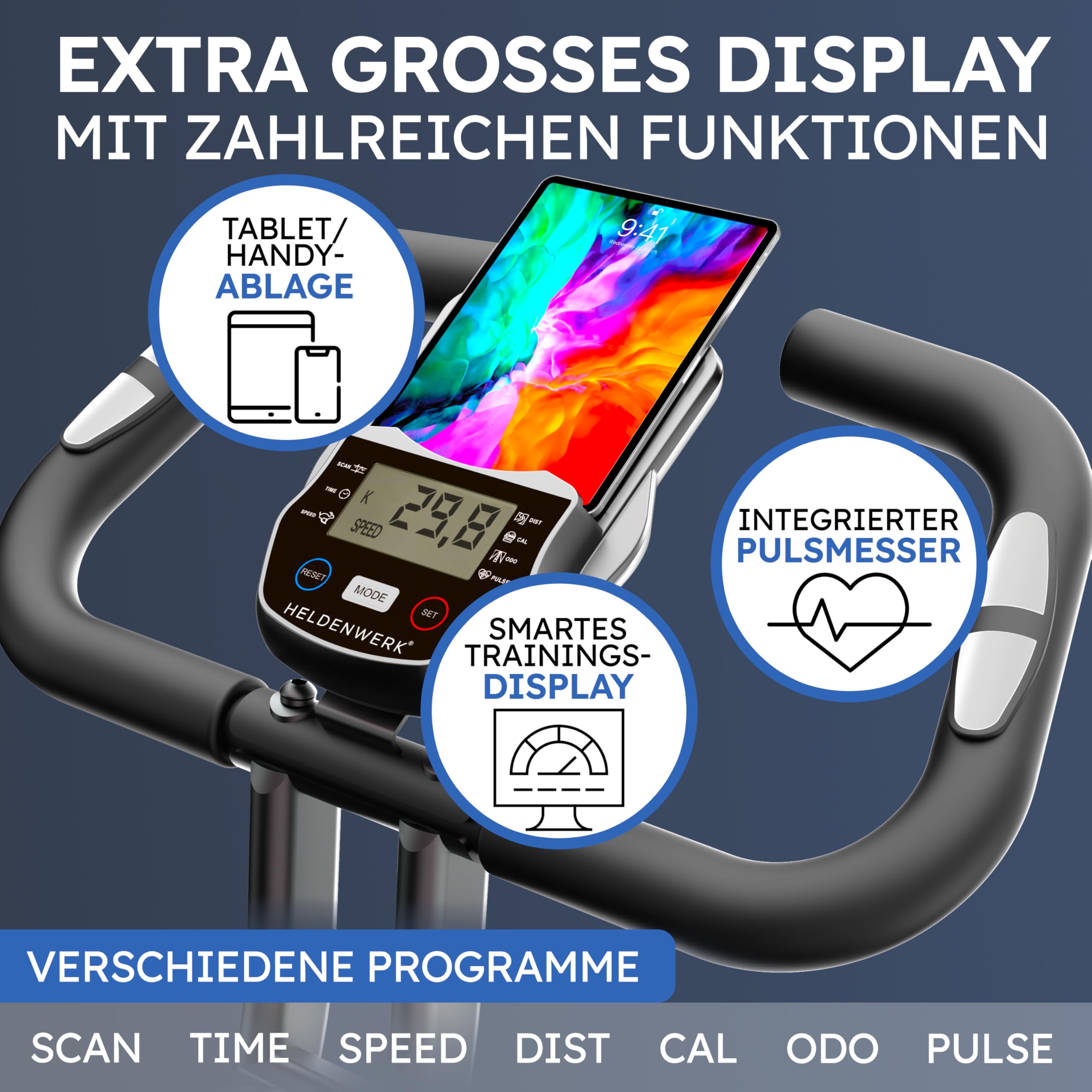 HELDENWERK Heimtrainer klappbar Set, FlexiFoam Sitz, bis 150 kg, extra bequem & leise, Ergometer Heimtrainer Fahrrad für Senioren & Zuhause.