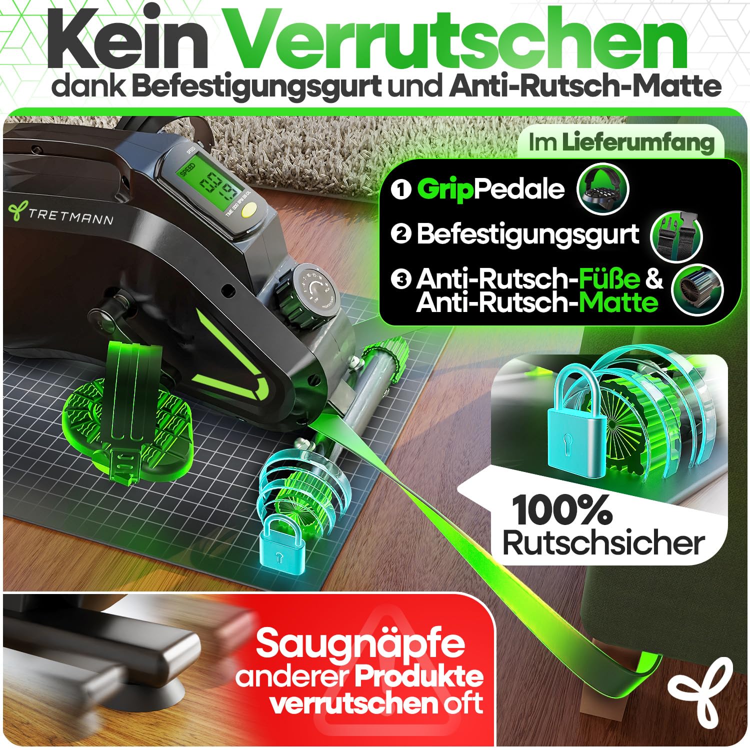Tretmann Pedaltrainer Pro Set, extra leise & gelenkschonend, mit Anti-Rutsch-Matte & Befestigungsband, DEKRA geprüft
