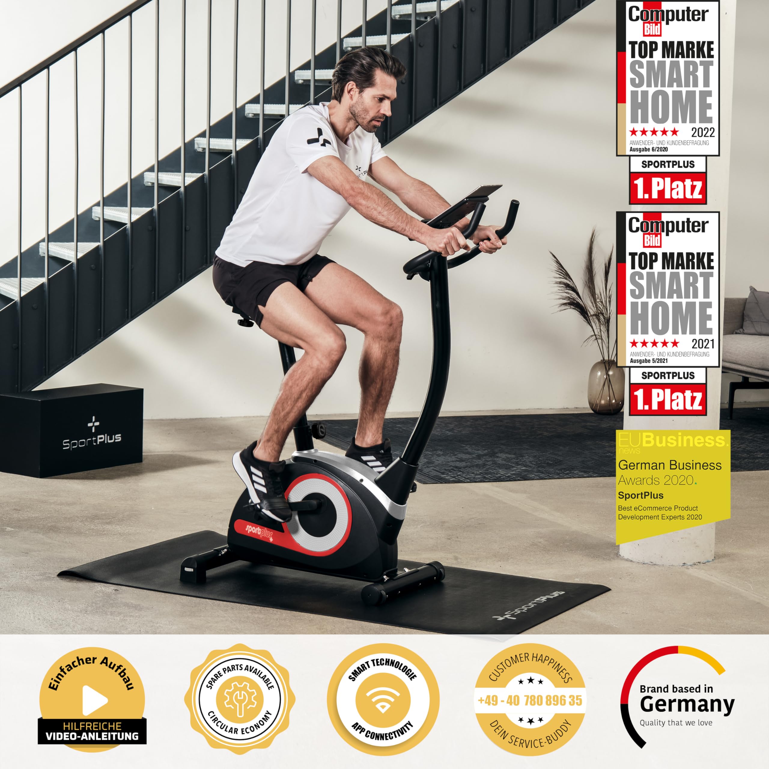 SportPlus Heimtrainer Fahrrad Compact - Fitness Bike mit 24 Widerstandsstufen - Ergometer Heimtrainer integrierte Herzfrequenz-Messer & App kompatibel