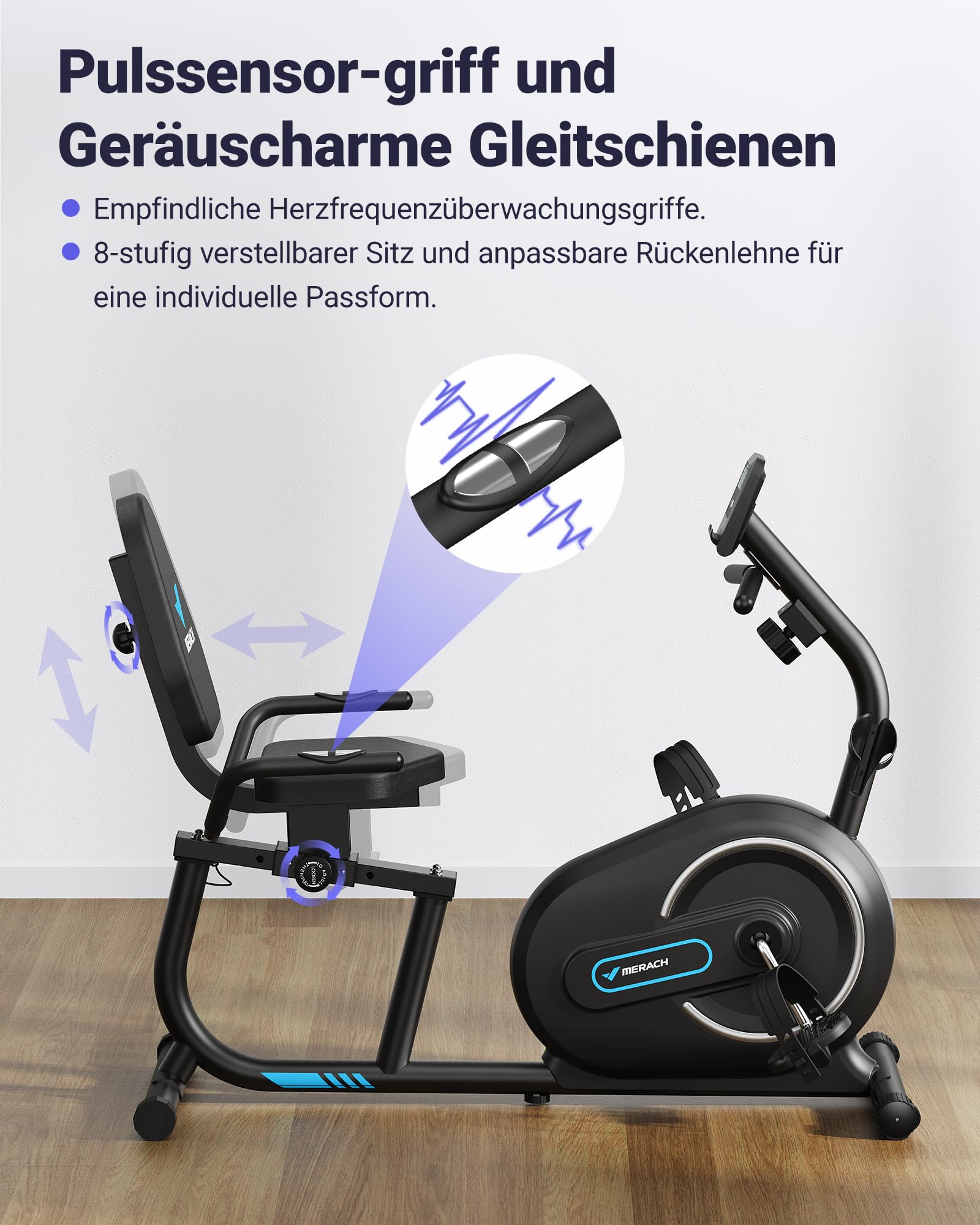MERACH Liegeergometer für Zuhause, 8 Widerstandsstufen, Bluetooth & App, LCD-Display, Herzfrequenzsensoren, verstellbare Rückenlehne