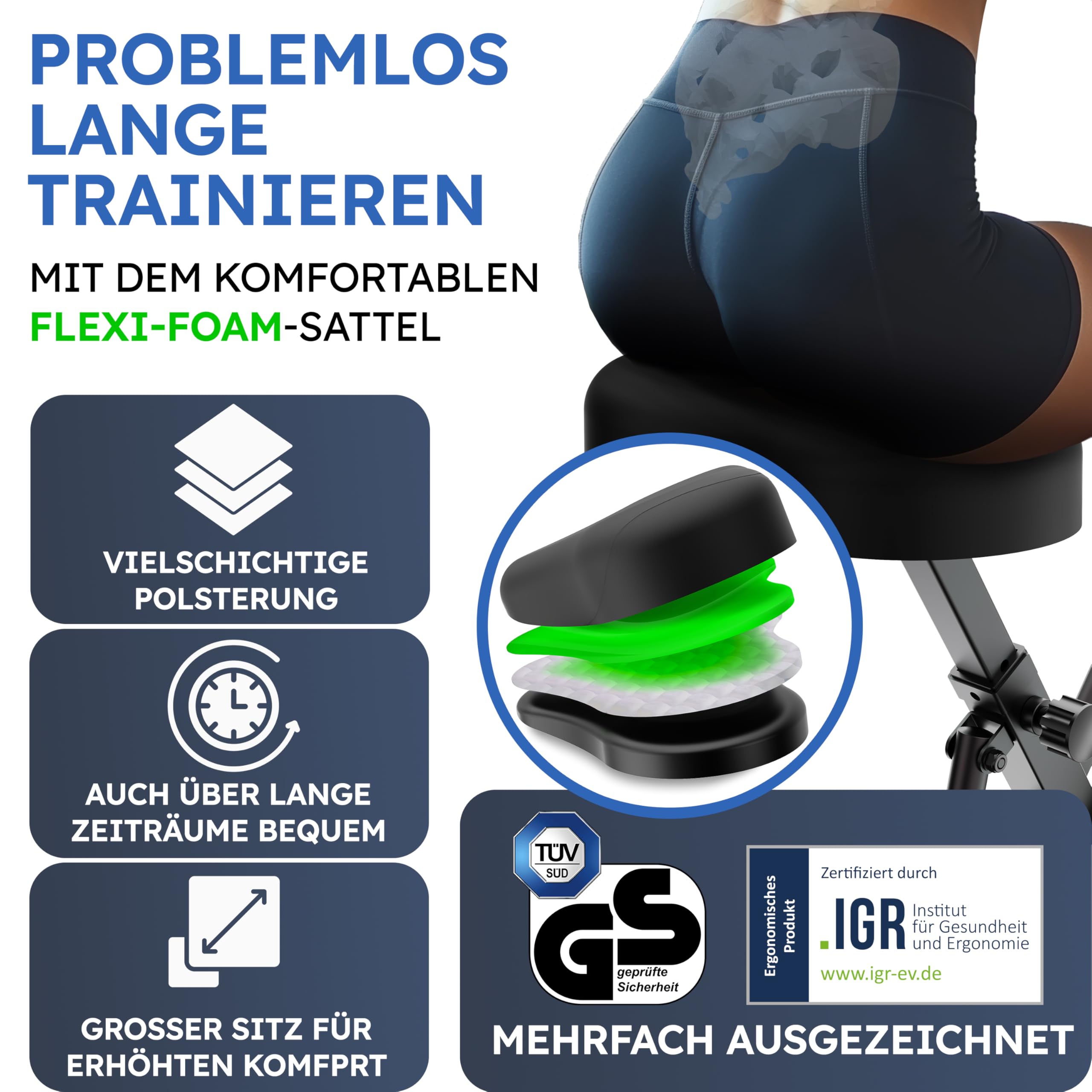 HELDENWERK Heimtrainer klappbar Set, FlexiFoam Sitz, bis 150 kg, extra bequem & leise, Ergometer Heimtrainer Fahrrad für Senioren & Zuhause.