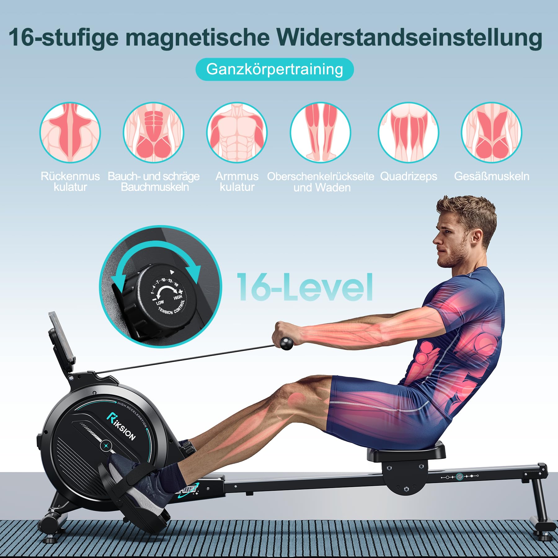 Riksion Rudergerät für Zuhause, magnetisch mit LCD-Display, 16 Widerstandsstufen, bis 160 kg belastbar, platzsparend vertikal verstaubar