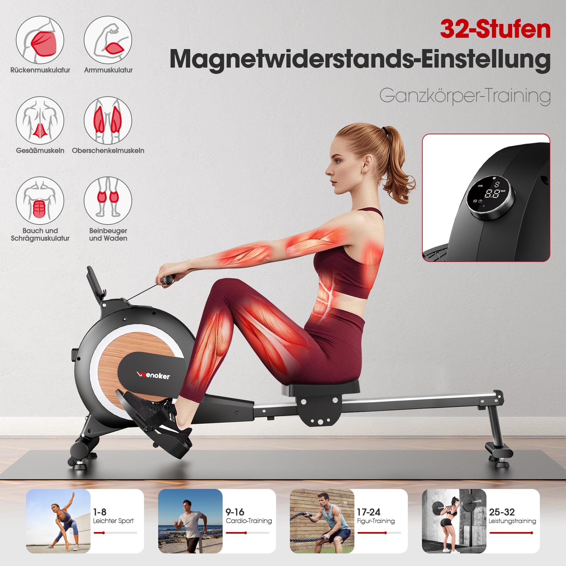 Wenoker Rudergerät für Zuhause, magnetisch mit 32 Stufen, APP & LCD-Display, leise, bis 160 kg, vertikal verstaubar