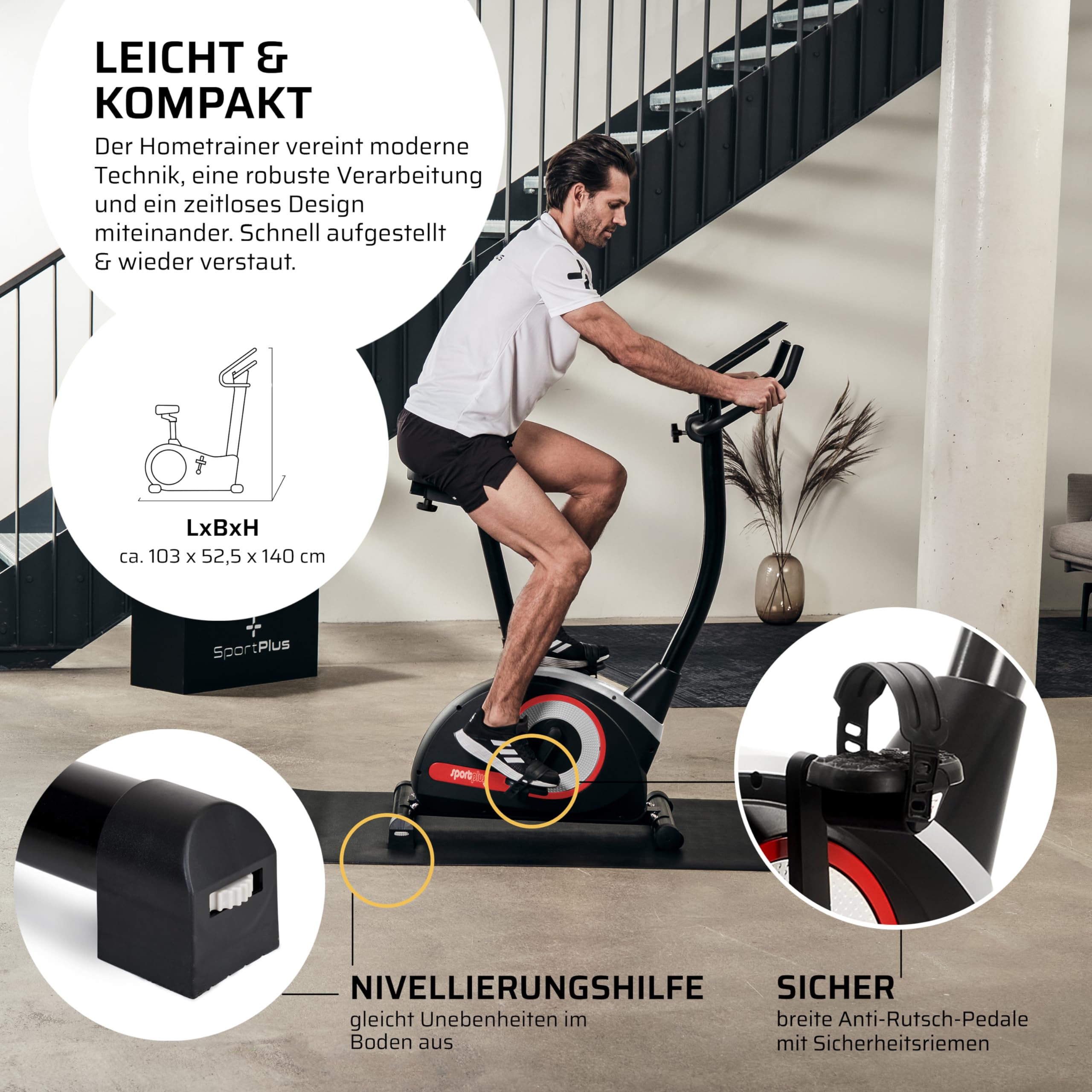 SportPlus Heimtrainer Fahrrad Compact - Fitness Bike mit 24 Widerstandsstufen - Ergometer Heimtrainer integrierte Herzfrequenz-Messer & App kompatibel