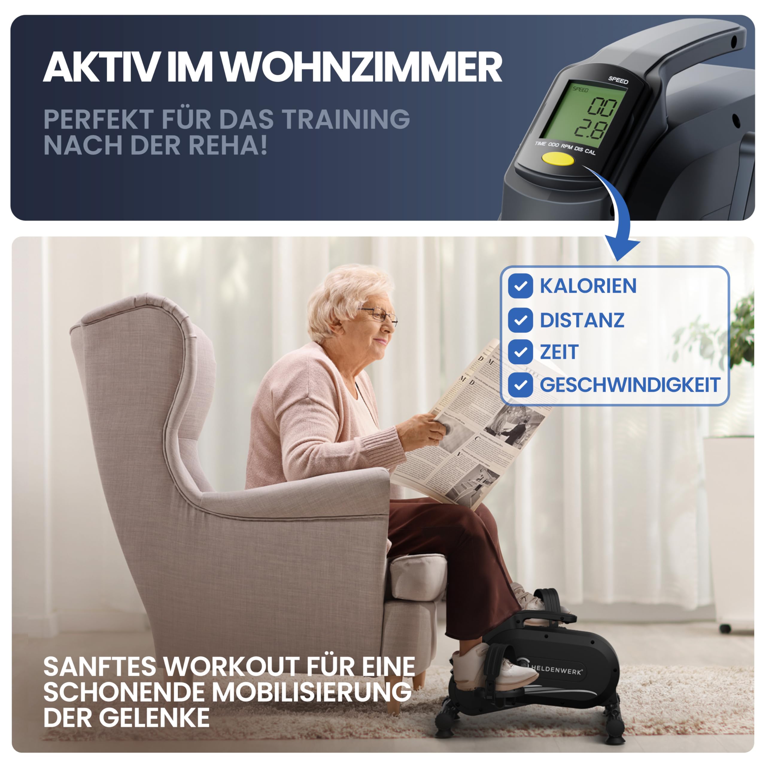 HELDENWERK Pedaltrainer PRO Set, TÜV/GS geprüft, extra leise & gelenkschonend, mit Befestigungsband, Arm- & Beintrainer für Senioren & Zuhause