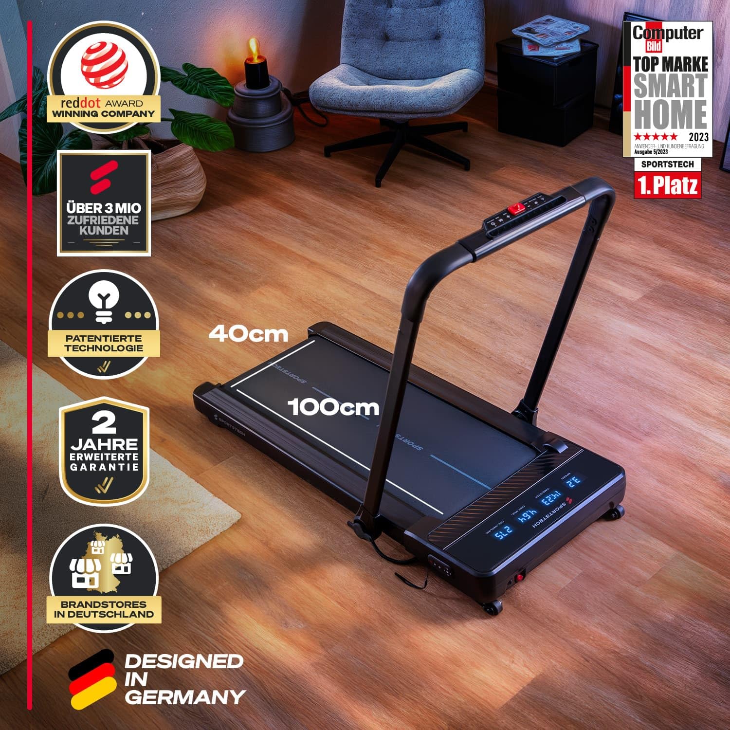 Sportstech Walking Pad sPad1000 - Laufband für Zuhause/Schreibtisch, automatische Steigung bis 19%, LED-Display, kompakt, leise, App, Home Office
