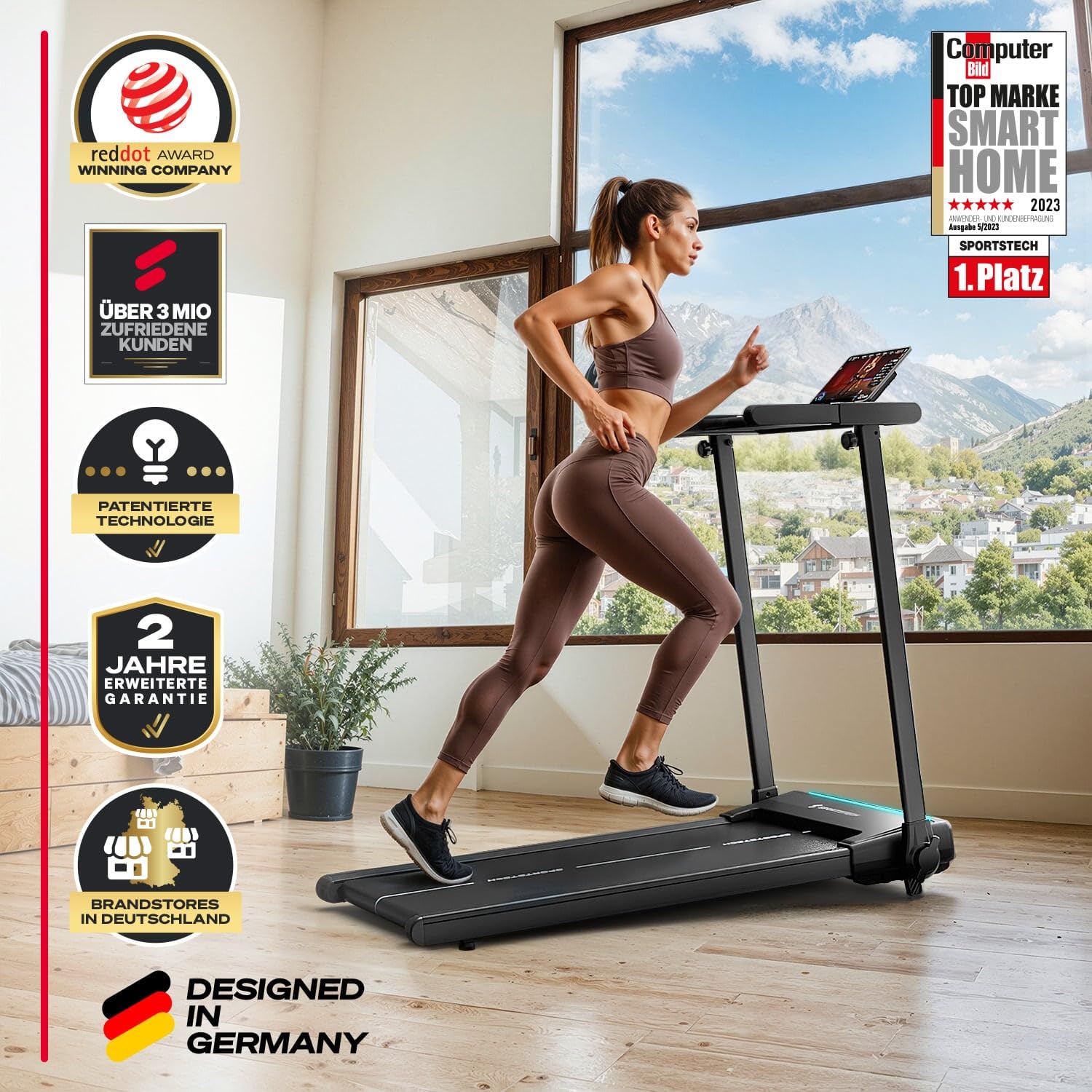 Sportstech Laufband klappbar für Zuhause, bis 12 km/h, max. 120 kg, 11,5 % Steigung, LED, Tablethalter, Bluetooth App, sProRun