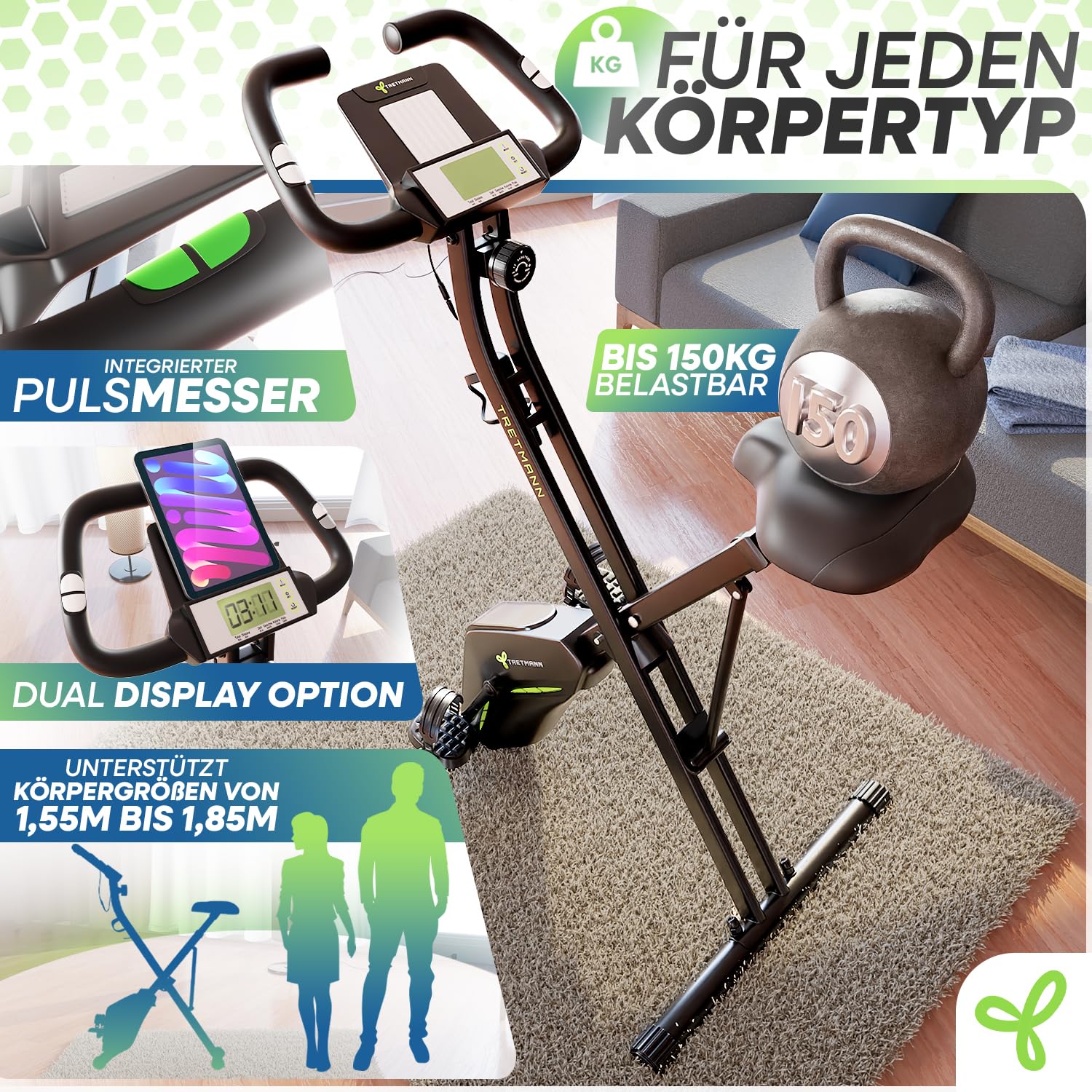 Neu Tretmann Hometrainer klappbar Set, RelaxFoam Sitz, bis 150kg, extra bequem & leise, Ergometer Heimtrainer Fahrrad für Senioren & Zuhause Fitness