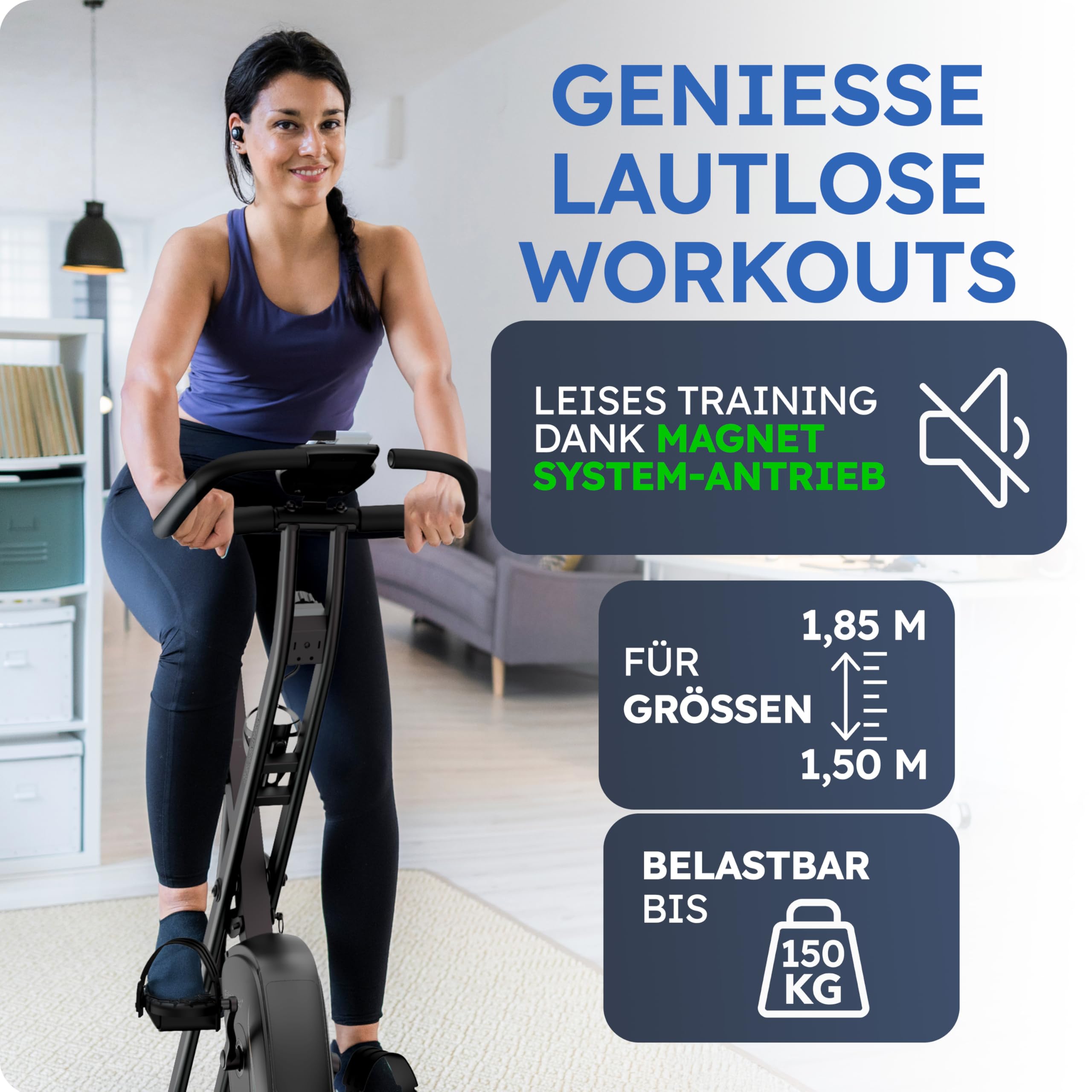 HELDENWERK Heimtrainer klappbar Set, FlexiFoam Sitz, bis 150 kg, extra bequem & leise, Ergometer Heimtrainer Fahrrad für Senioren & Zuhause.