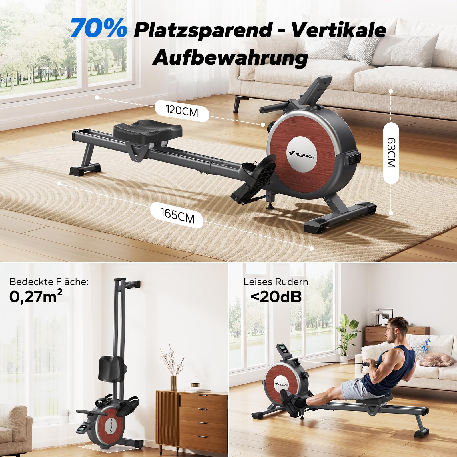 MERACH Rudergerät für Zuhause, magnetisch mit 16 Stufen, leise, APP, Doppelschienen, stabil, einfacher Aufbau – ideale Wahl für Heimfitness