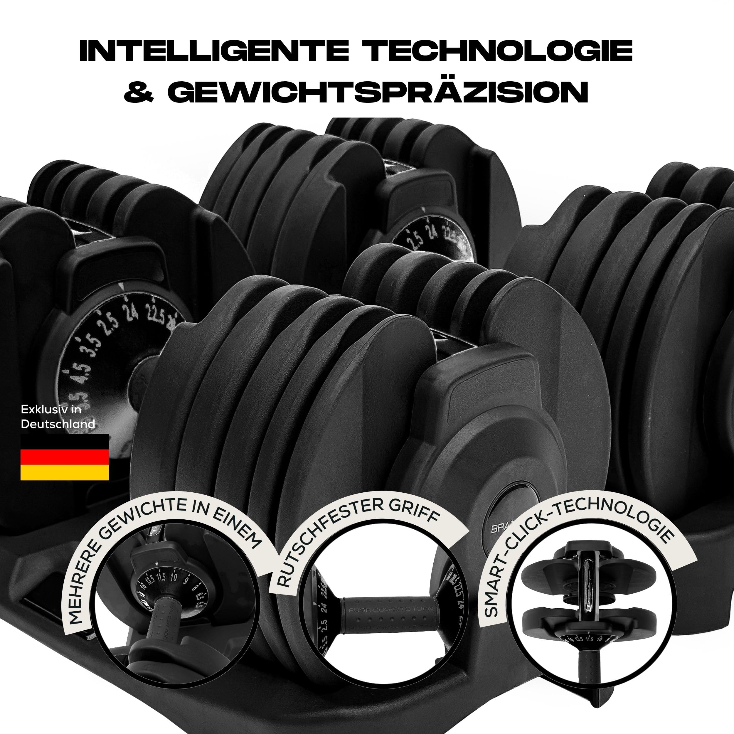 BRAINGAIN Hantelset, verstellbar 15-in-1 & 17-in-1, 24 kg & 40 kg Optionen, platzsparend, Smart Click-Technologie, langlebig für Heimfitness