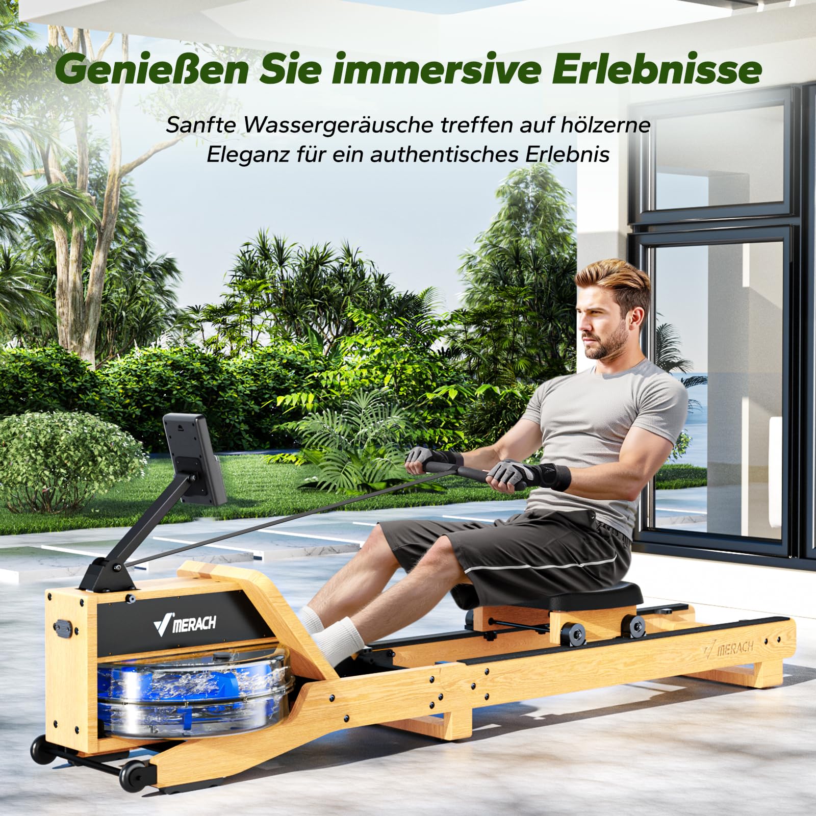 MERACH Wasser-Rudergerät aus Rot-Eichenholz, 12 Blätter für 40% mehr Widerstand, mit exklusiver APP & interaktivem Flusskarten-Gaming (R23 Roteiche)