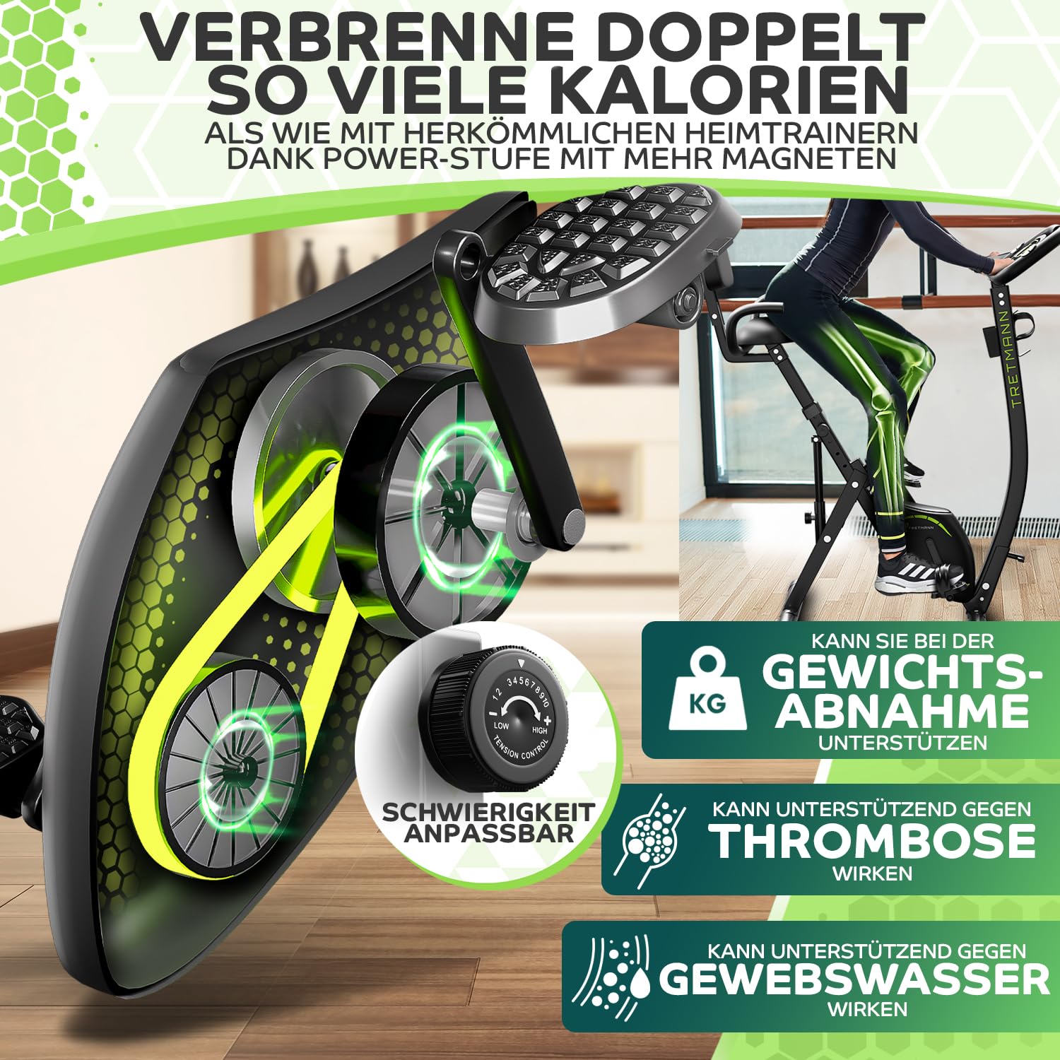 Tretmann 3in1 Heimtrainer klappbar, SoftFoam Sitz, extra komfortabel & leise, DEKRA geprüft, tiefer Einstieg, Ergometer Fahrrad für Zuhause
