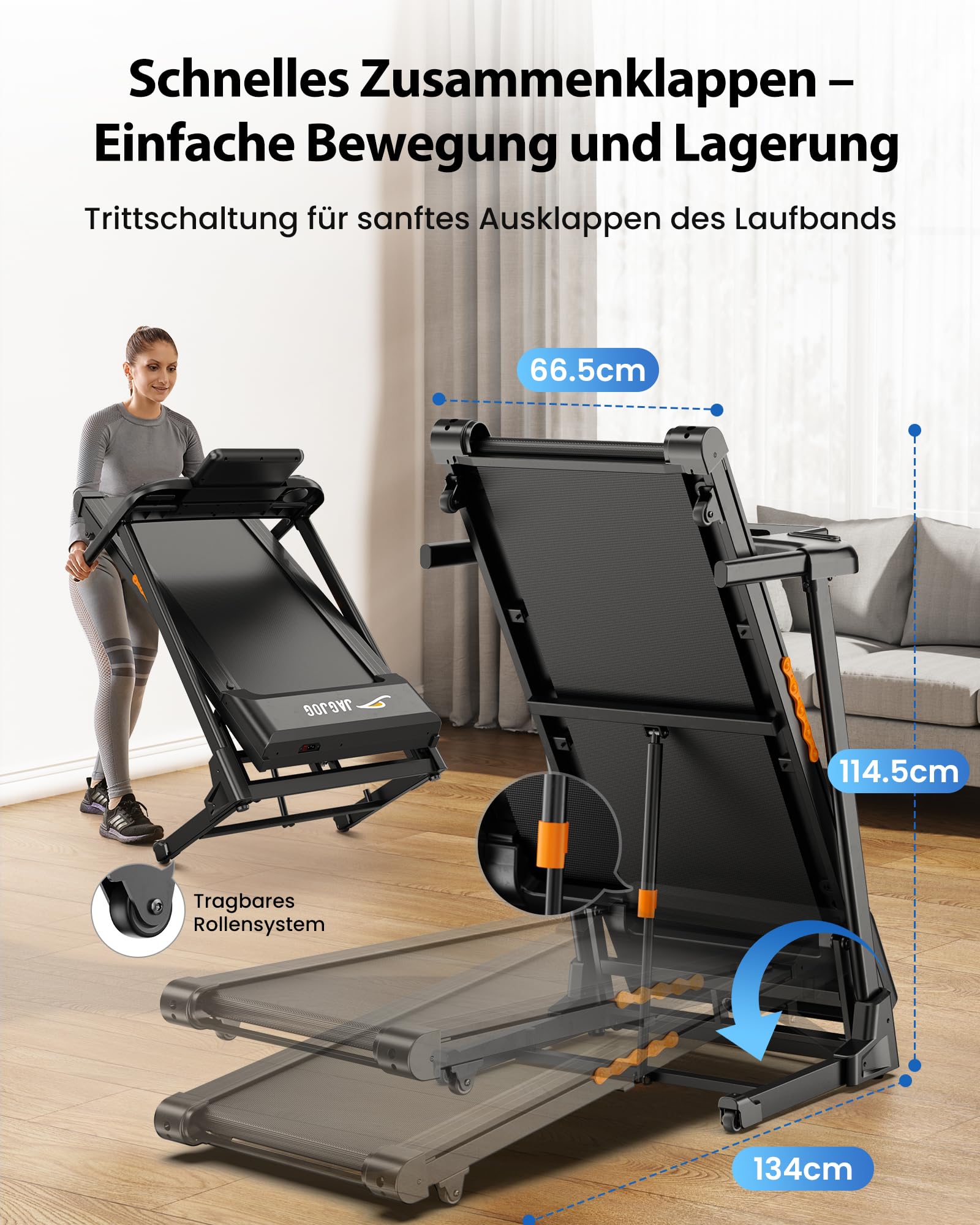 Laufband klappbar für Zuhause, 1–14 km/h, 3 PS, 15 % automatische Steigung, LED-Anzeige, 12 Programme, bis 136 kg, Walking Pad