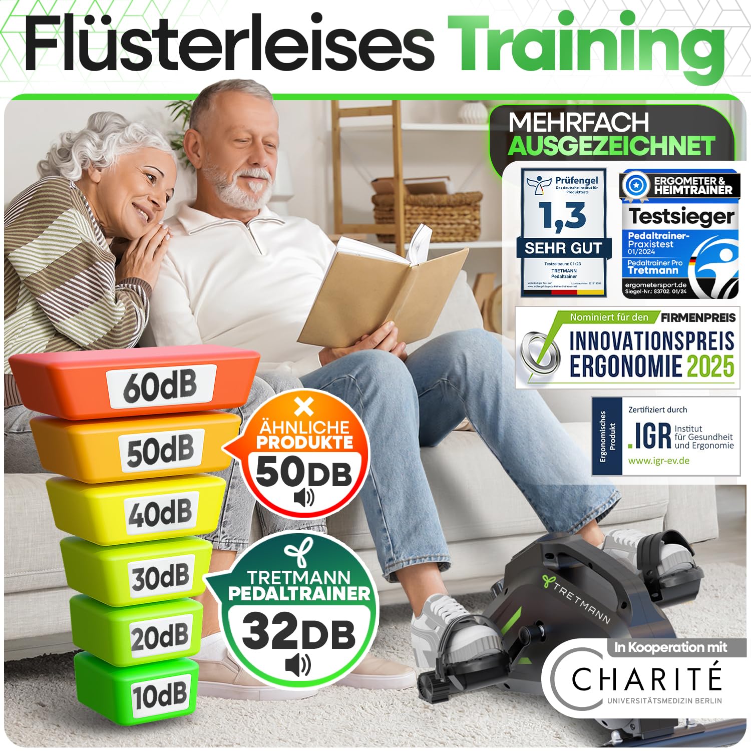 Tretmann Pedaltrainer Pro Set, extra leise & gelenkschonend, mit Anti-Rutsch-Matte & Befestigungsband, DEKRA geprüft