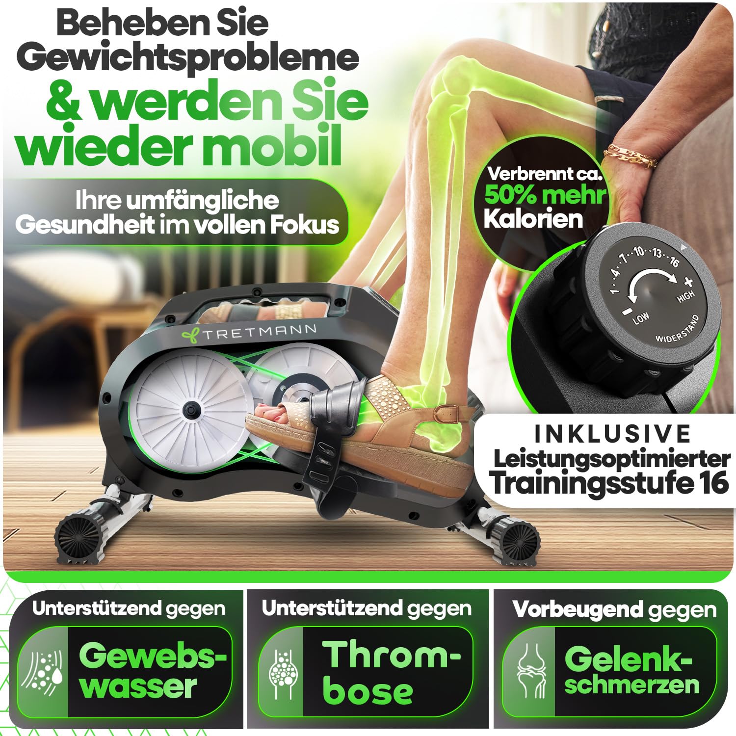 Tretmann Pedaltrainer Pro Set, extra leise & gelenkschonend, mit Anti-Rutsch-Matte & Befestigungsband, DEKRA geprüft