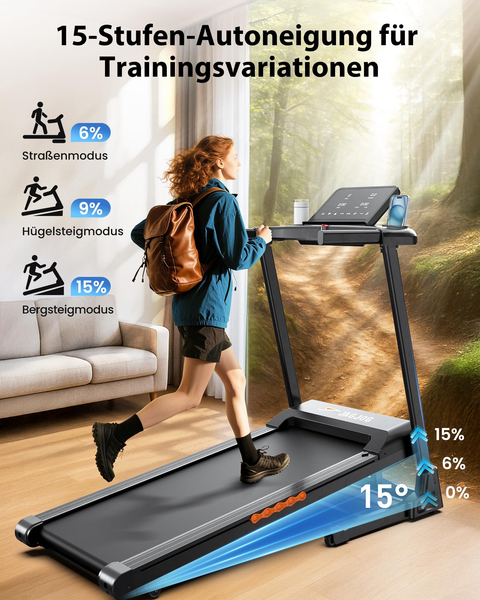 Laufband klappbar für Zuhause, 1–14 km/h, 3 PS, 15 % automatische Steigung, LED-Anzeige, 12 Programme, bis 136 kg, Walking Pad