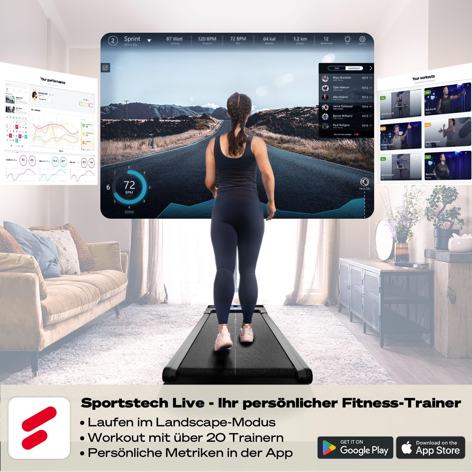 Sportstech Walking Pad sWalk lite Plus - Laufband für Zuhause mit manueller Steigung, bis 6 km/h Walking, bis 12 km/h Laufen, App, Fernbedienung