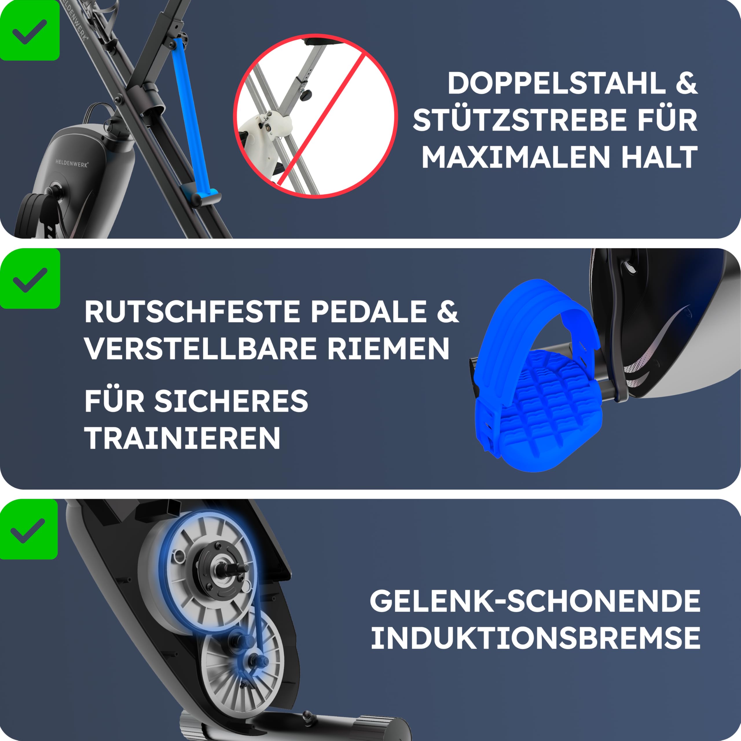 HELDENWERK Heimtrainer klappbar Set, FlexiFoam Sitz, bis 150 kg, extra bequem & leise, Ergometer Heimtrainer Fahrrad für Senioren & Zuhause.