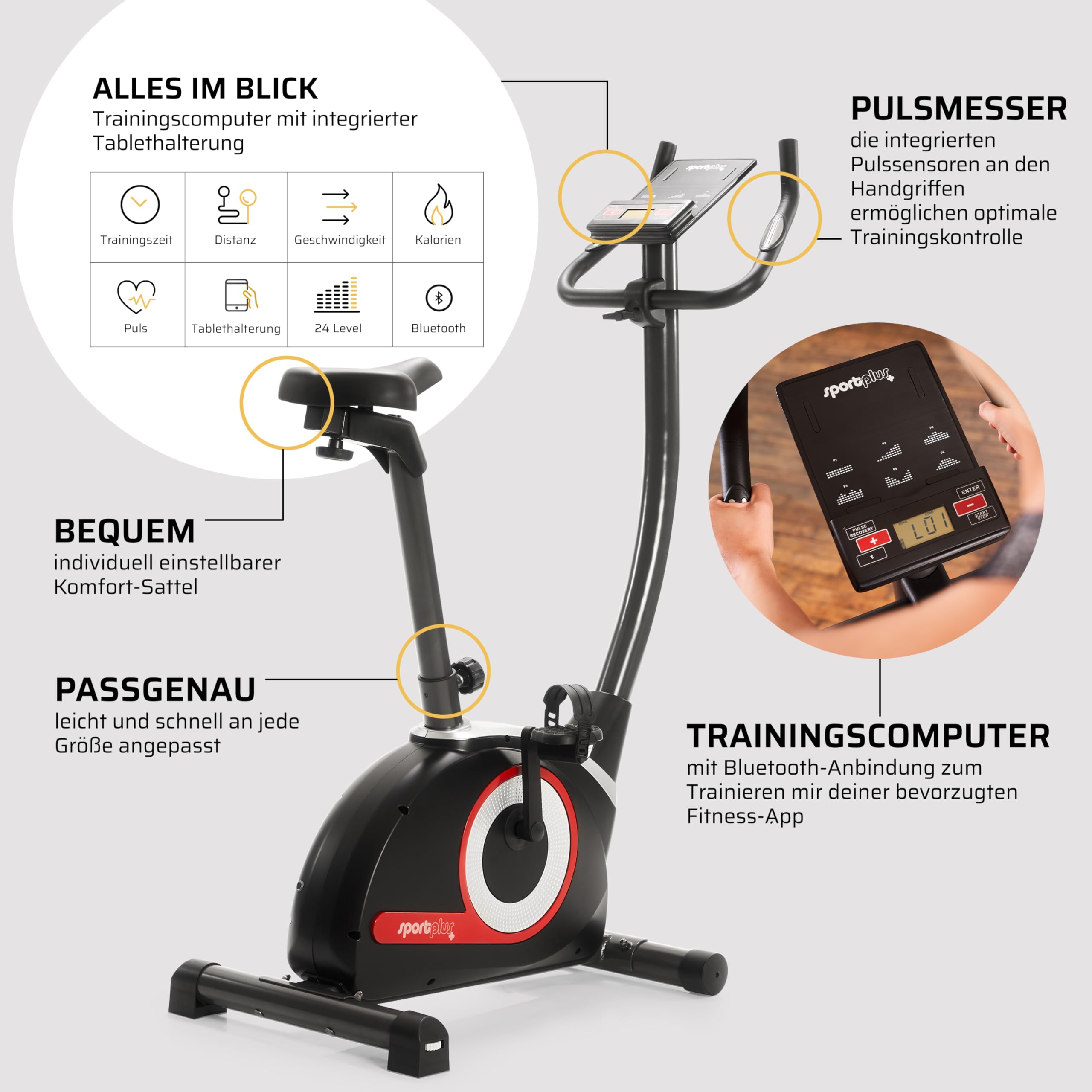 SportPlus Heimtrainer Fahrrad Compact - Fitness Bike mit 24 Widerstandsstufen - Ergometer Heimtrainer integrierte Herzfrequenz-Messer & App kompatibel