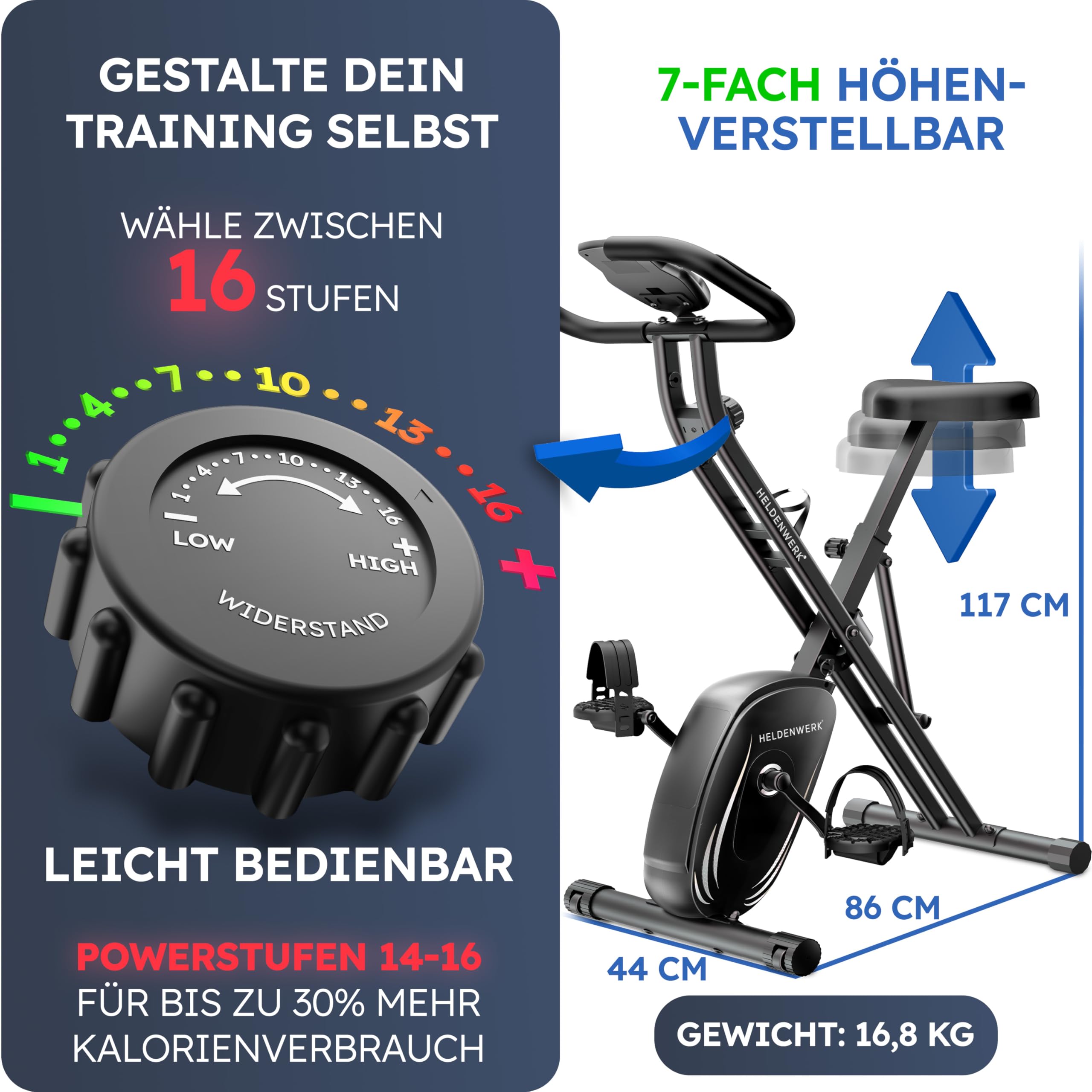 HELDENWERK Heimtrainer klappbar Set, FlexiFoam Sitz, bis 150 kg, extra bequem & leise, Ergometer Heimtrainer Fahrrad für Senioren & Zuhause.