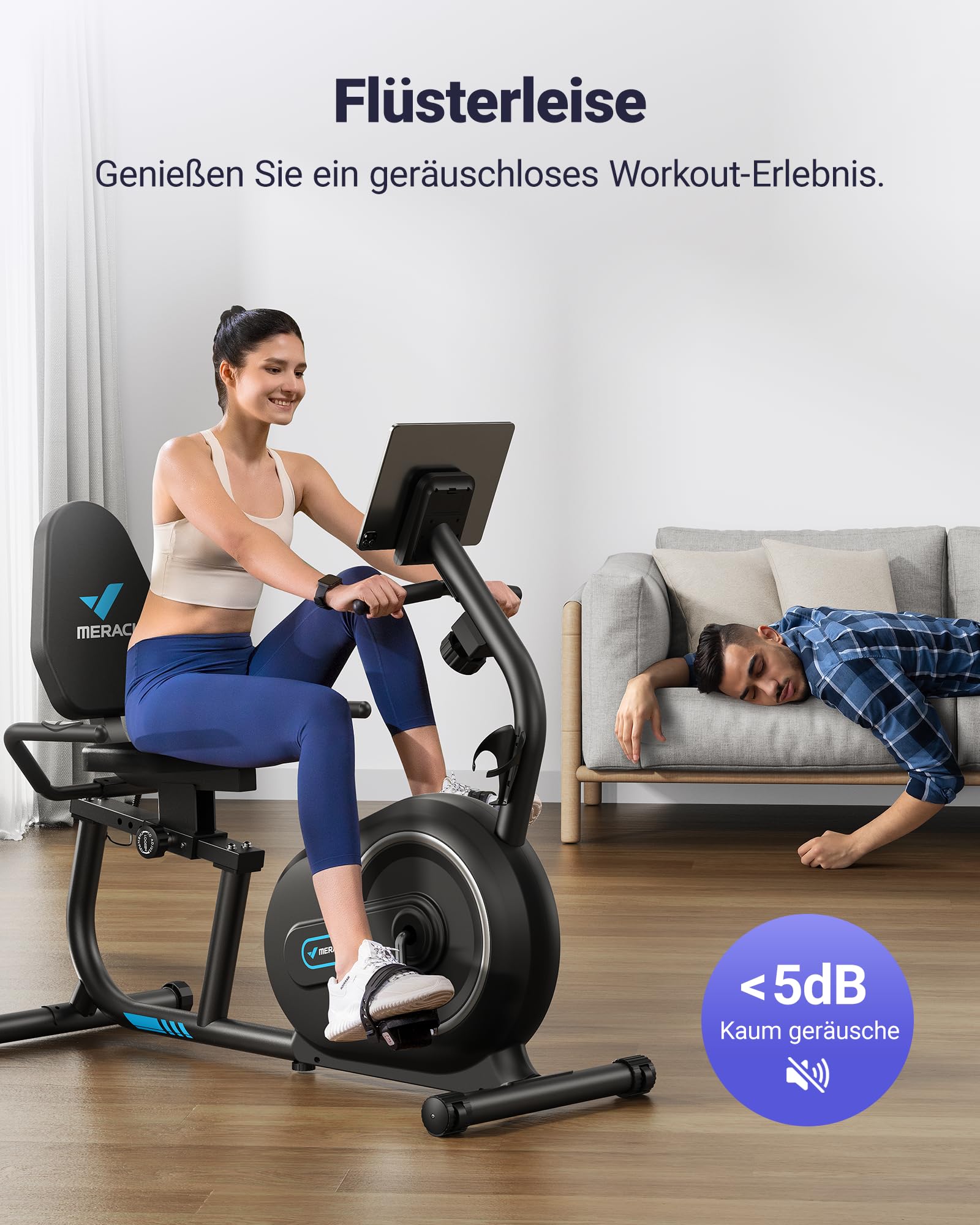 MERACH Liegeergometer für Zuhause, 8 Widerstandsstufen, Bluetooth & App, LCD-Display, Herzfrequenzsensoren, verstellbare Rückenlehne