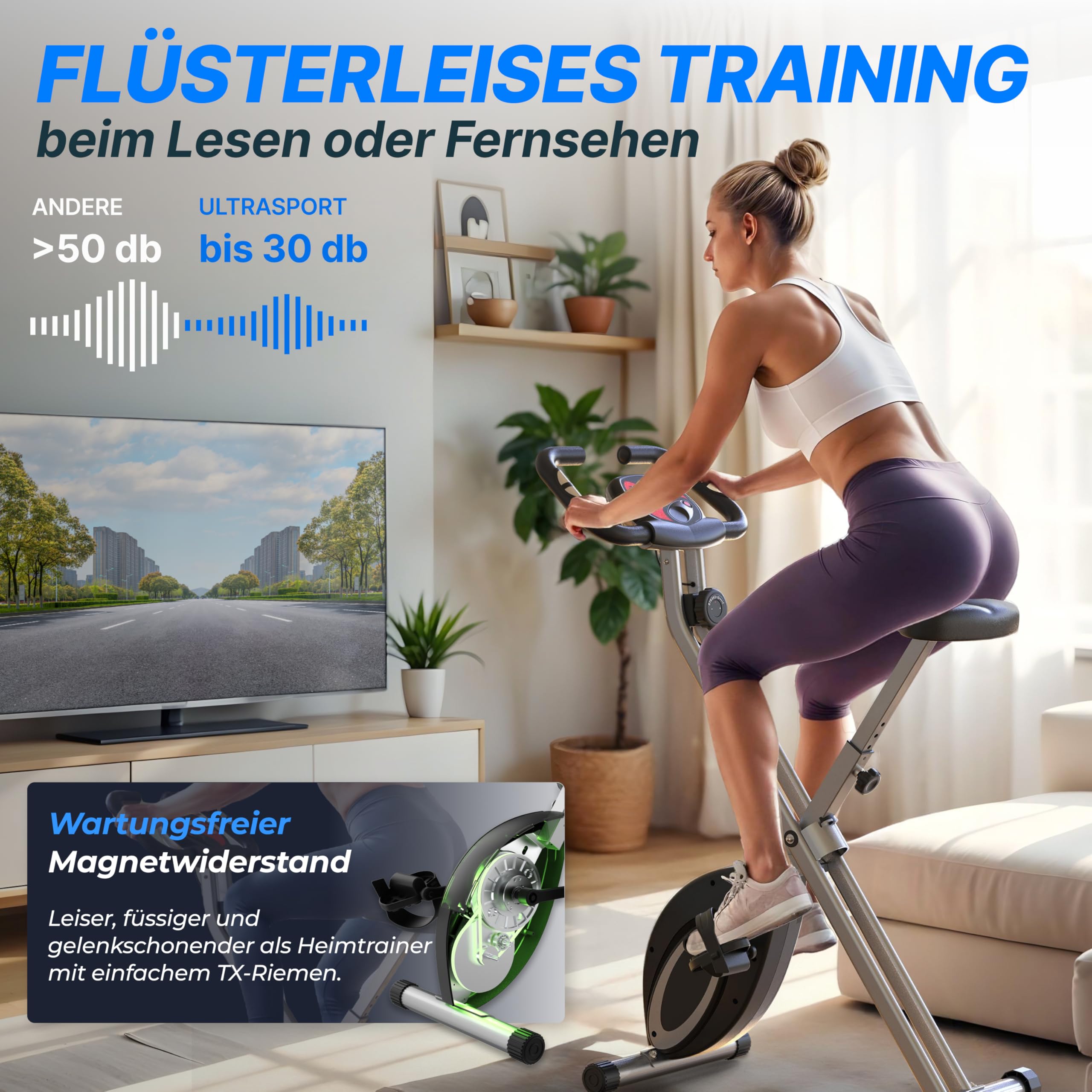 Ultrasport Heimtrainer klappbar, extra leise, bis 130 kg, Komfort-Sattel, Fitnessbike/Indoor Bike/Trimmrad, Schwarz-Silber